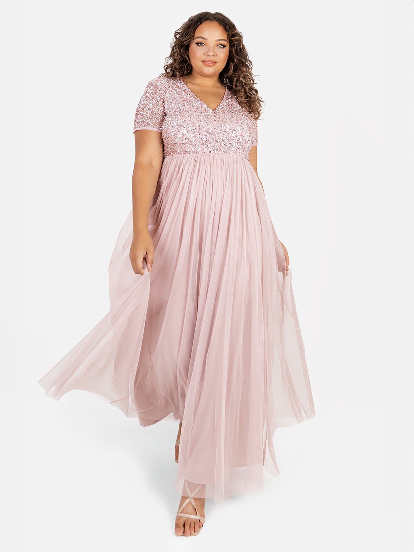 Maya Frosted Pink V Neckline Embellished Maxi Dress
