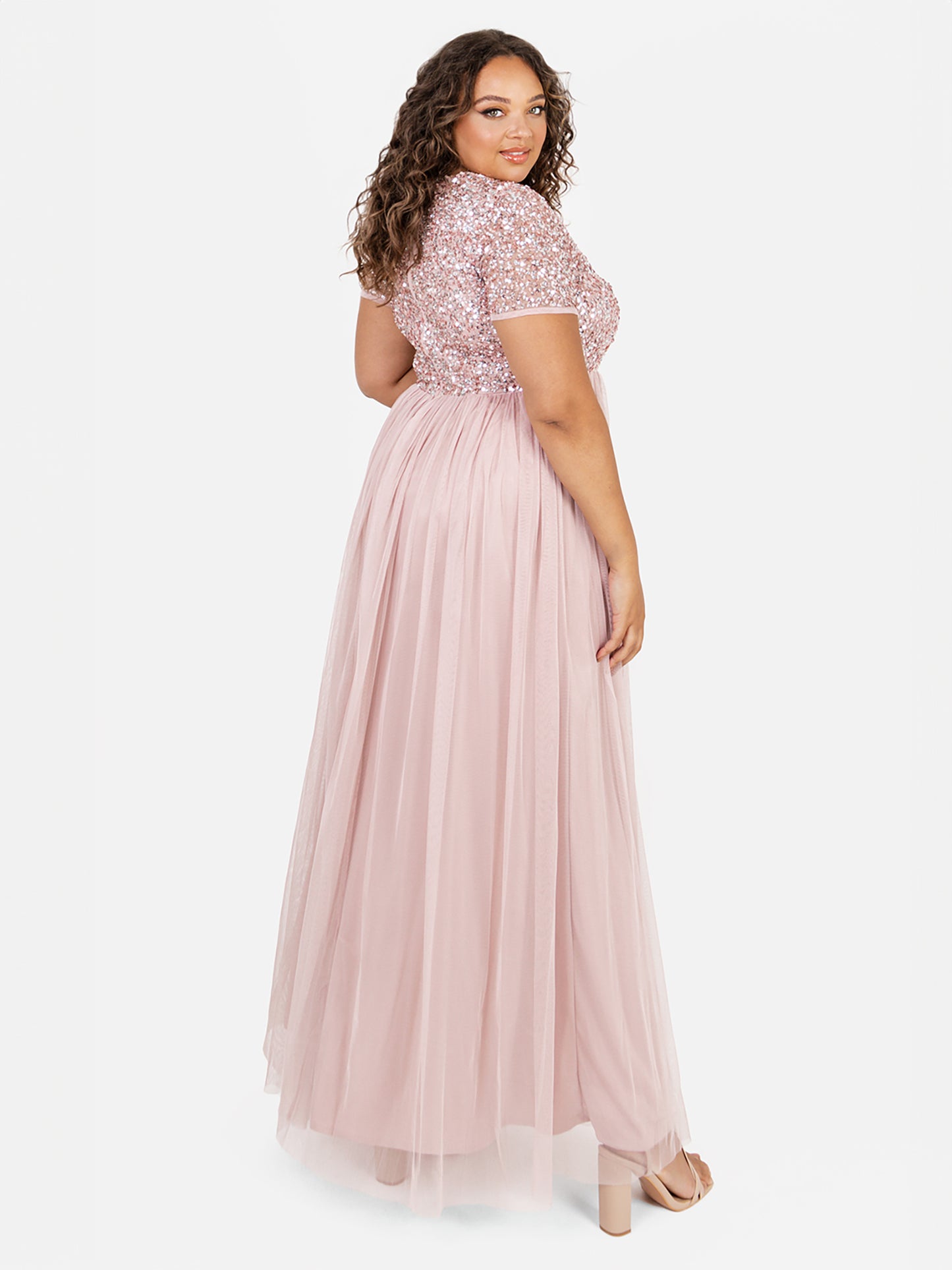 Maya Frosted Pink V Neckline Embellished Maxi Dress