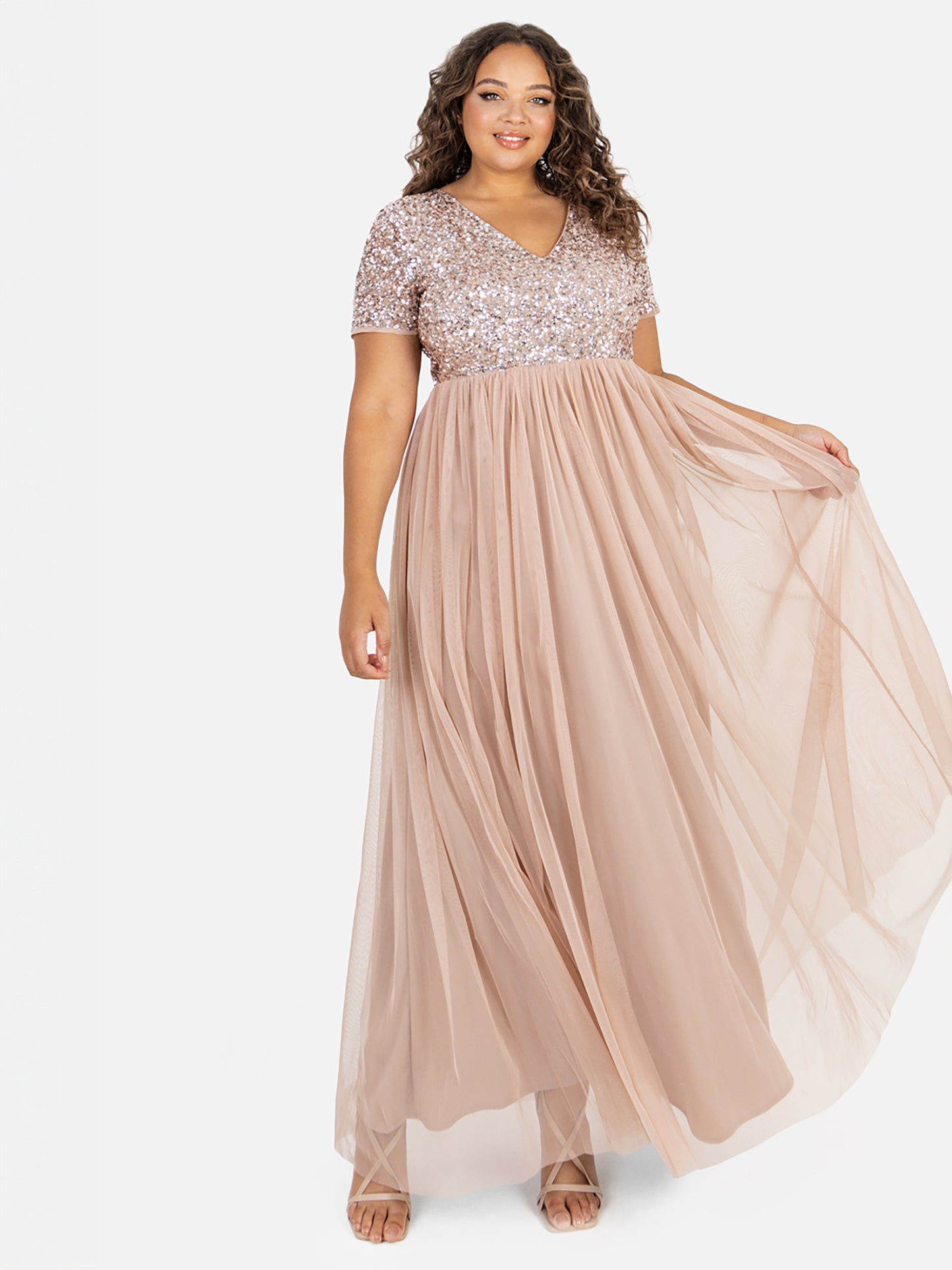 Maya Taupe Blush V Neckline Embellished Maxi Dress
