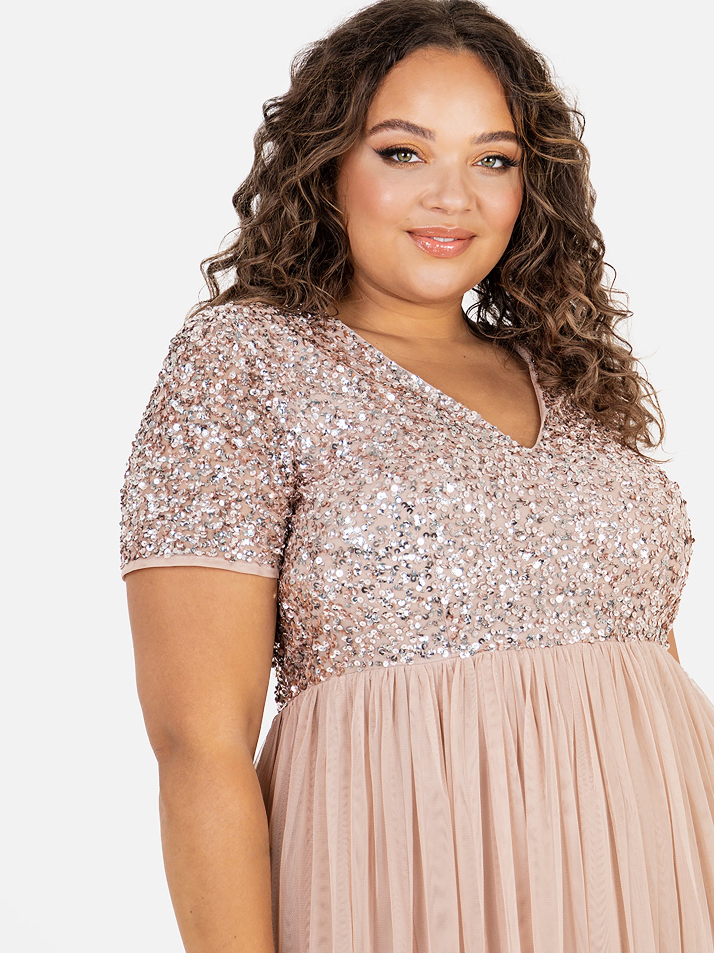 Maya Taupe Blush V Neckline Embellished Maxi Dress