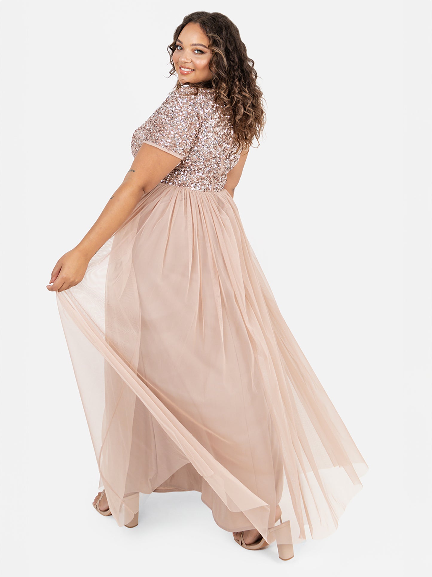 Maya Taupe Blush V Neckline Embellished Maxi Dress