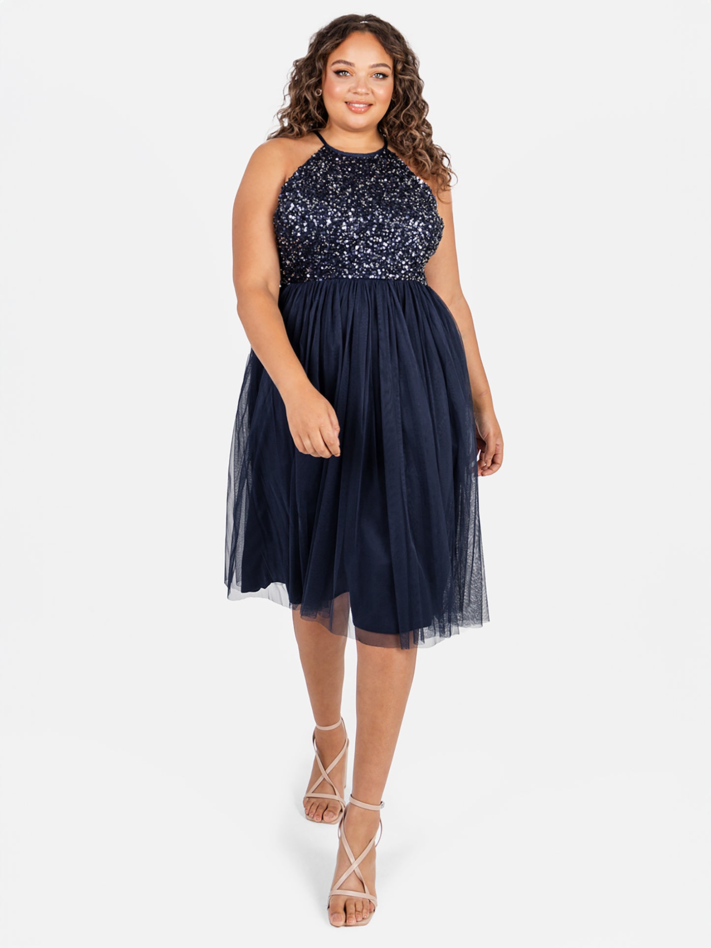 Maya Navy Embellished Halter Neck Midi Dress