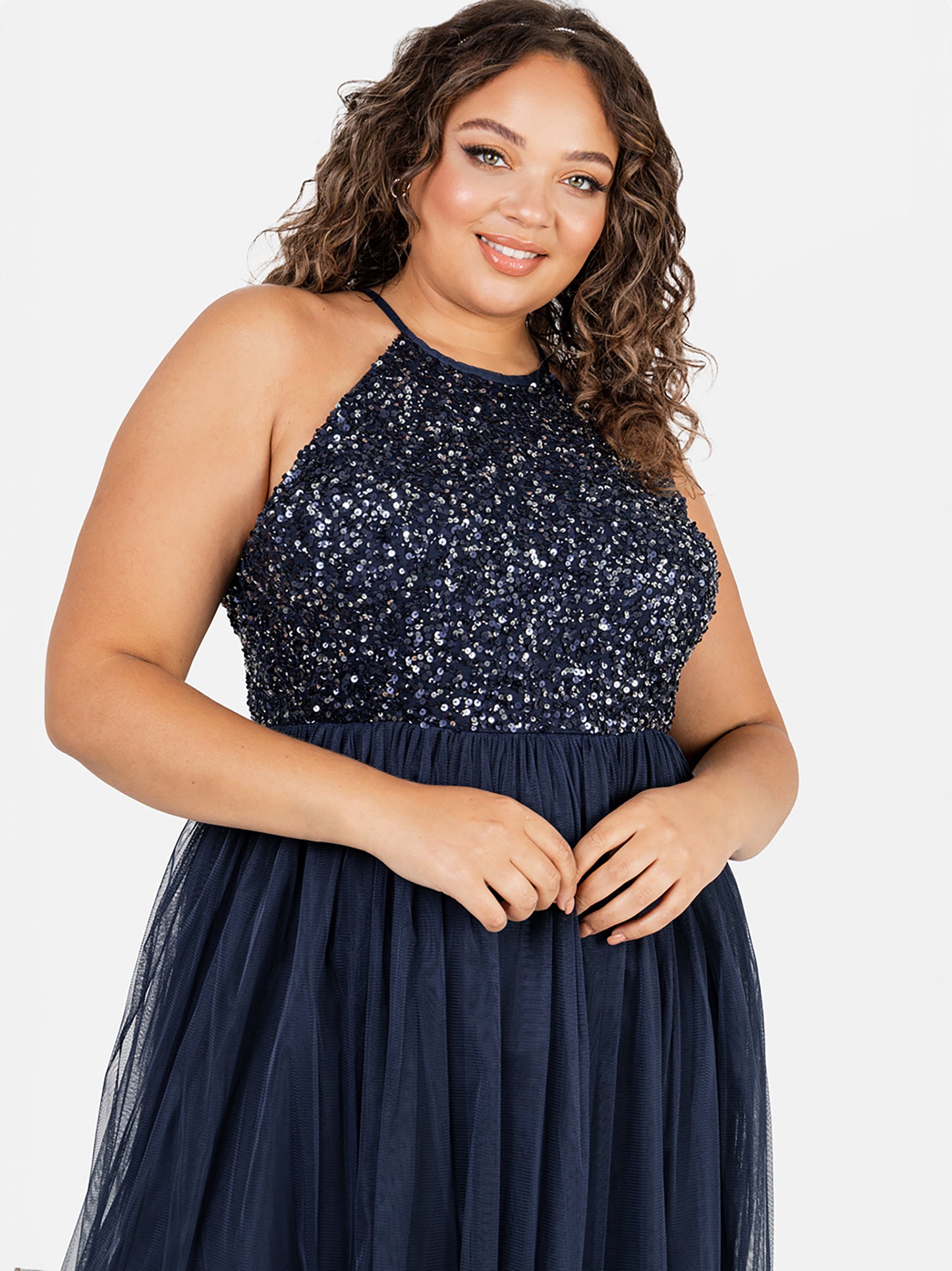 Maya Navy Embellished Halter Neck Midi Dress