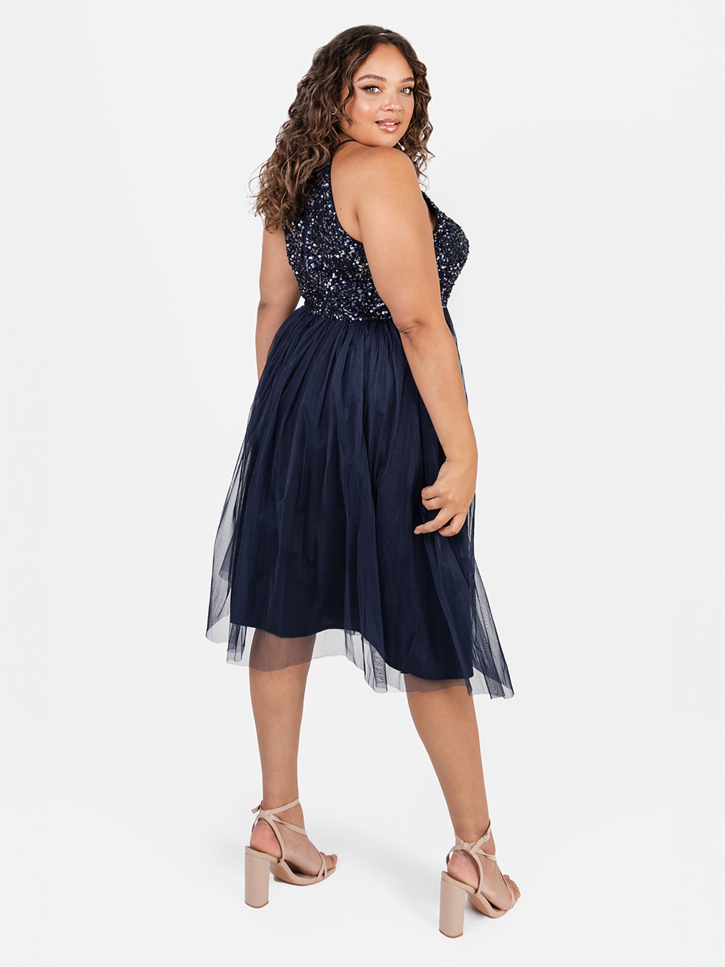 Maya Navy Embellished Halter Neck Midi Dress