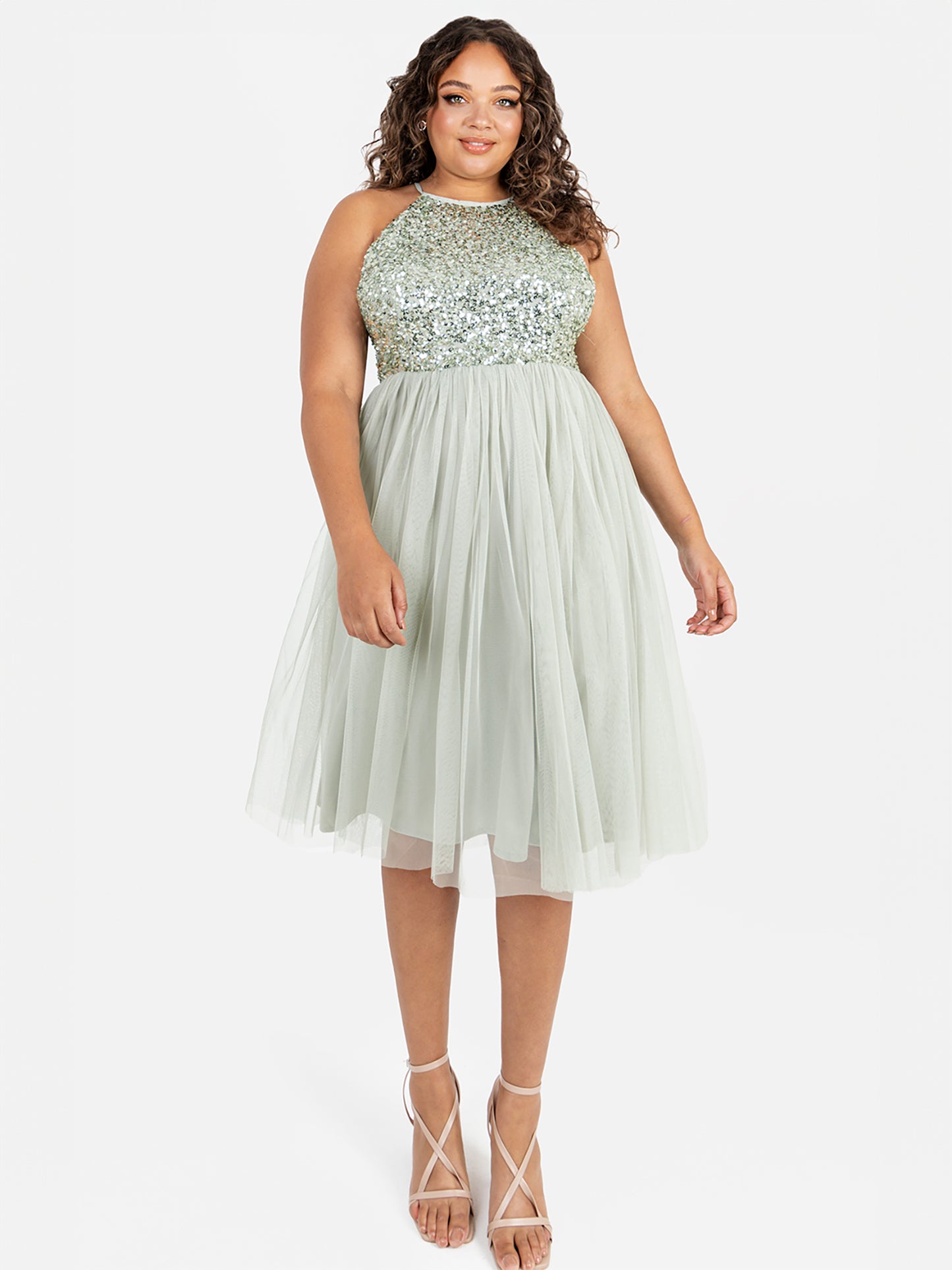 Maya Sage Green Embellished Halter Neck Midi Dress