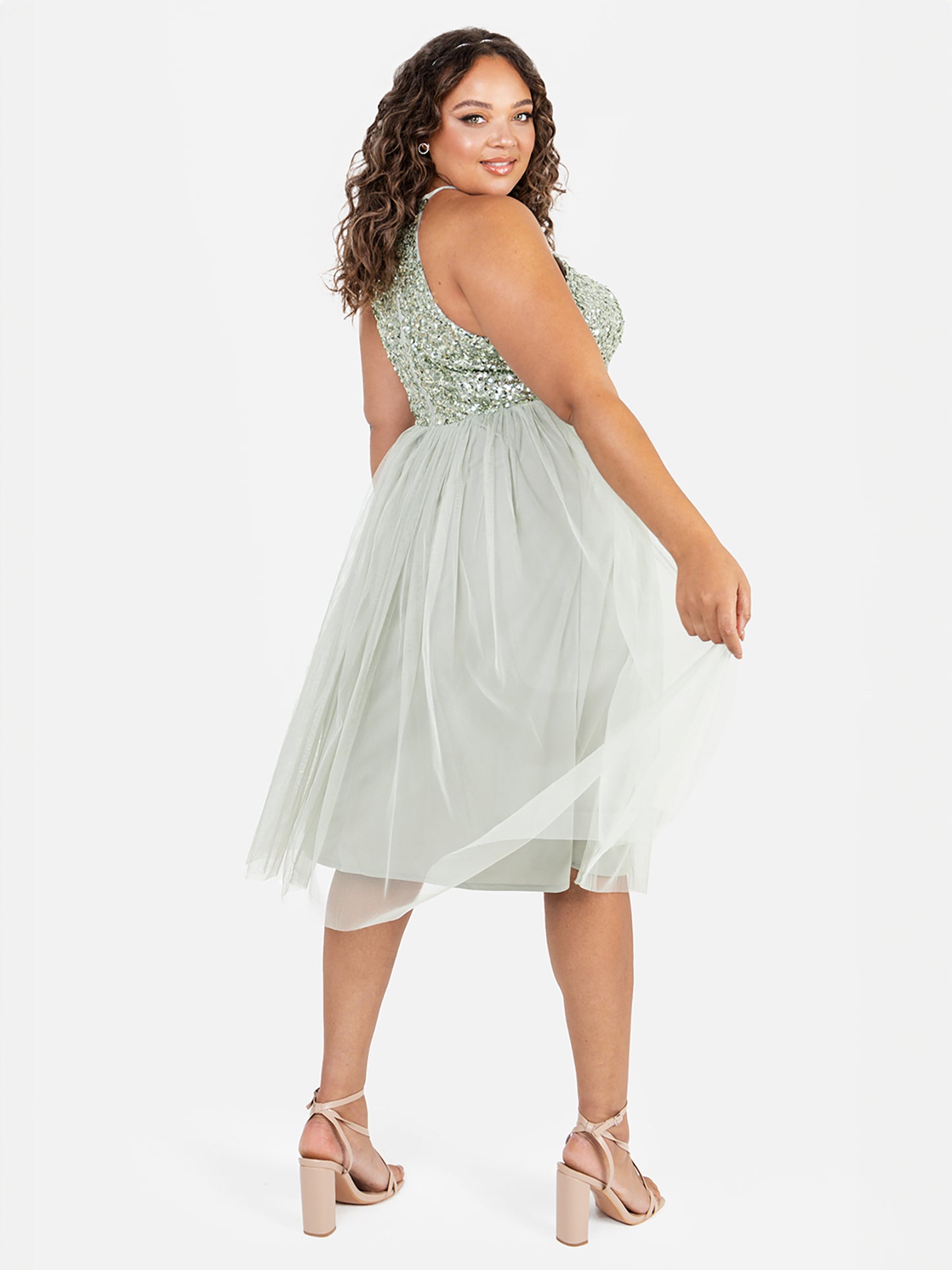 Maya Sage Green Embellished Halter Neck Midi Dress