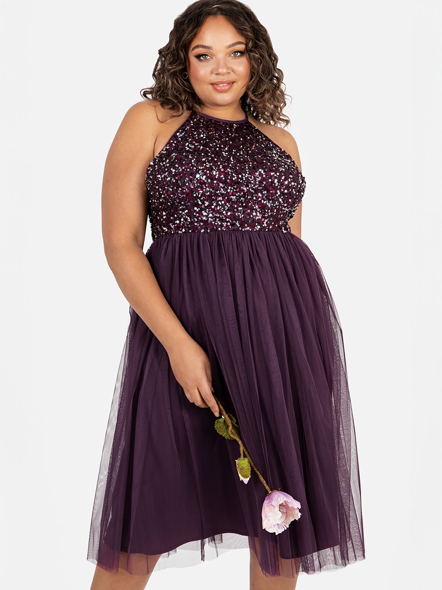 Maya Berry Embellished Halter Neck Midi Dress