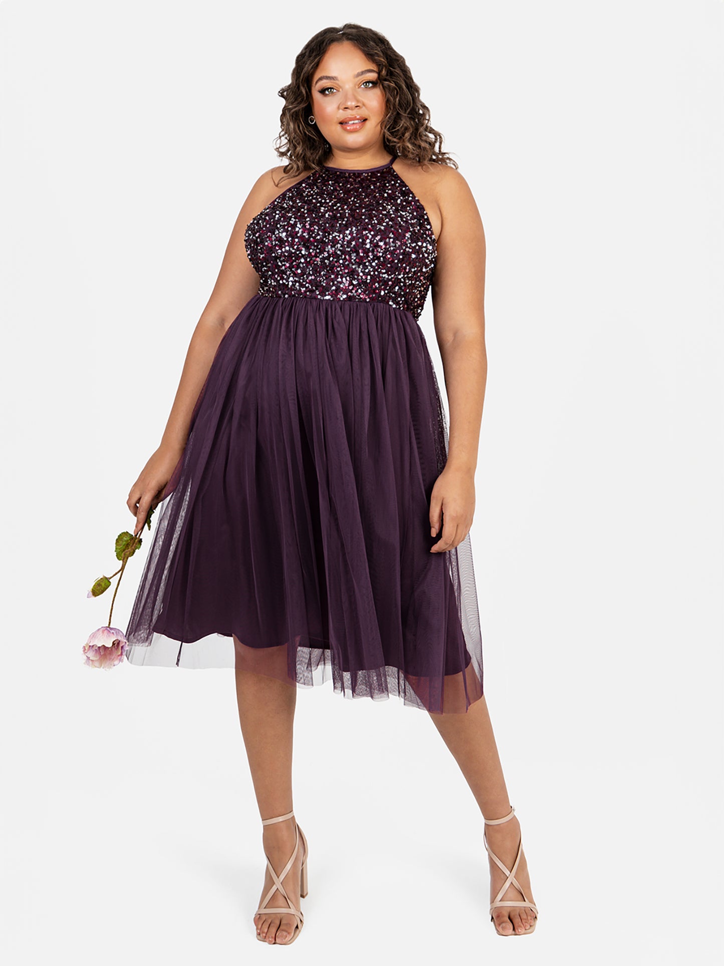 Maya Berry Embellished Halter Neck Midi Dress