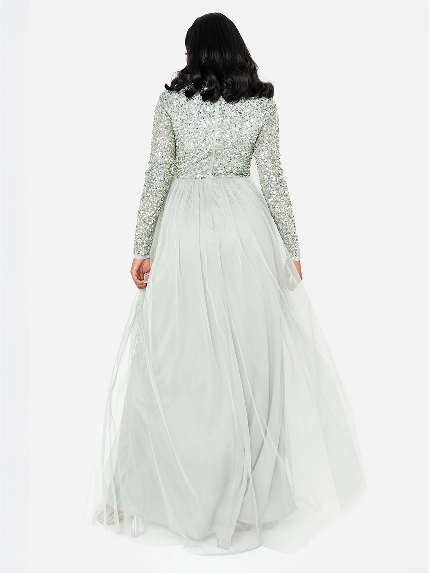 Maya Sage Green Embellished Long Sleeve Maxi Dress