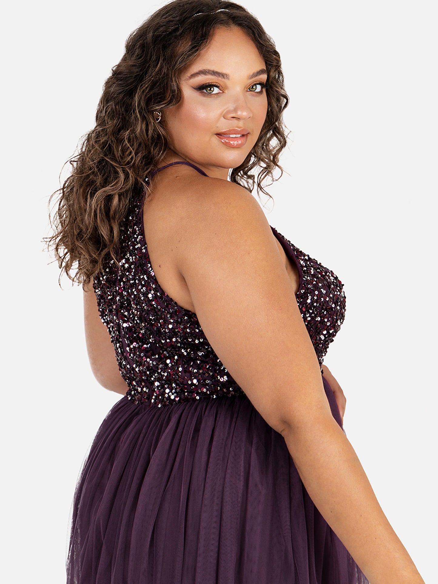 Maya Berry Embellished Halter Neck Midi Dress