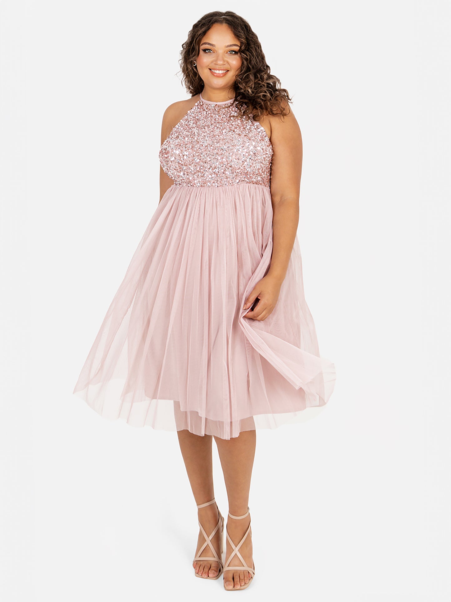 Maya Frosted Pink Embellished Halter Neck Midi Dress