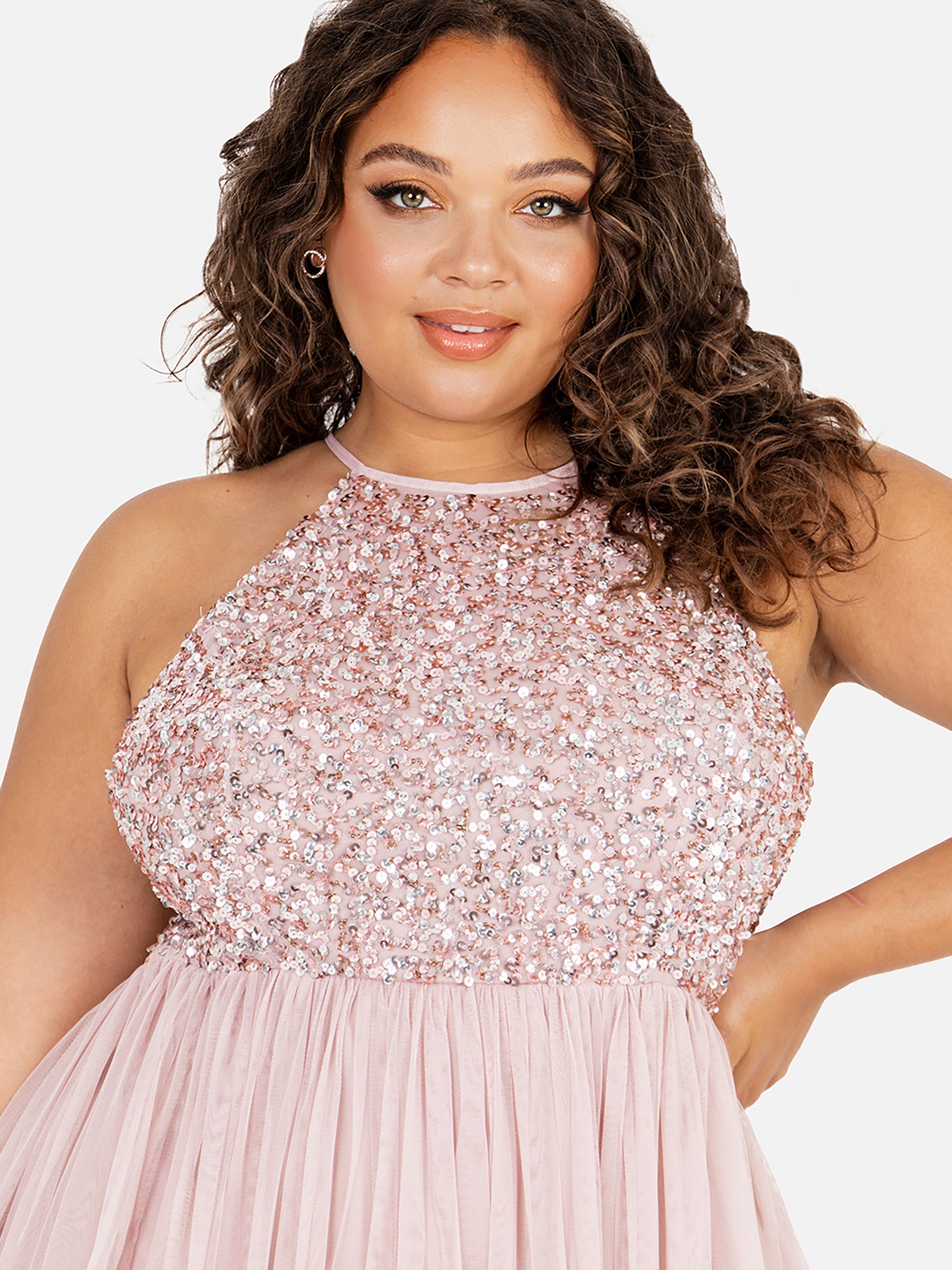 Maya Frosted Pink Embellished Halter Neck Midi Dress
