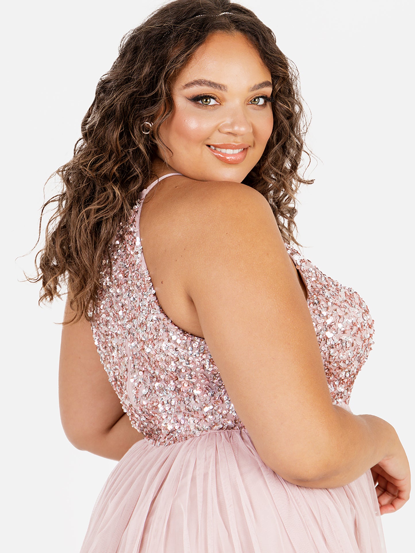 Maya Frosted Pink Embellished Halter Neck Midi Dress