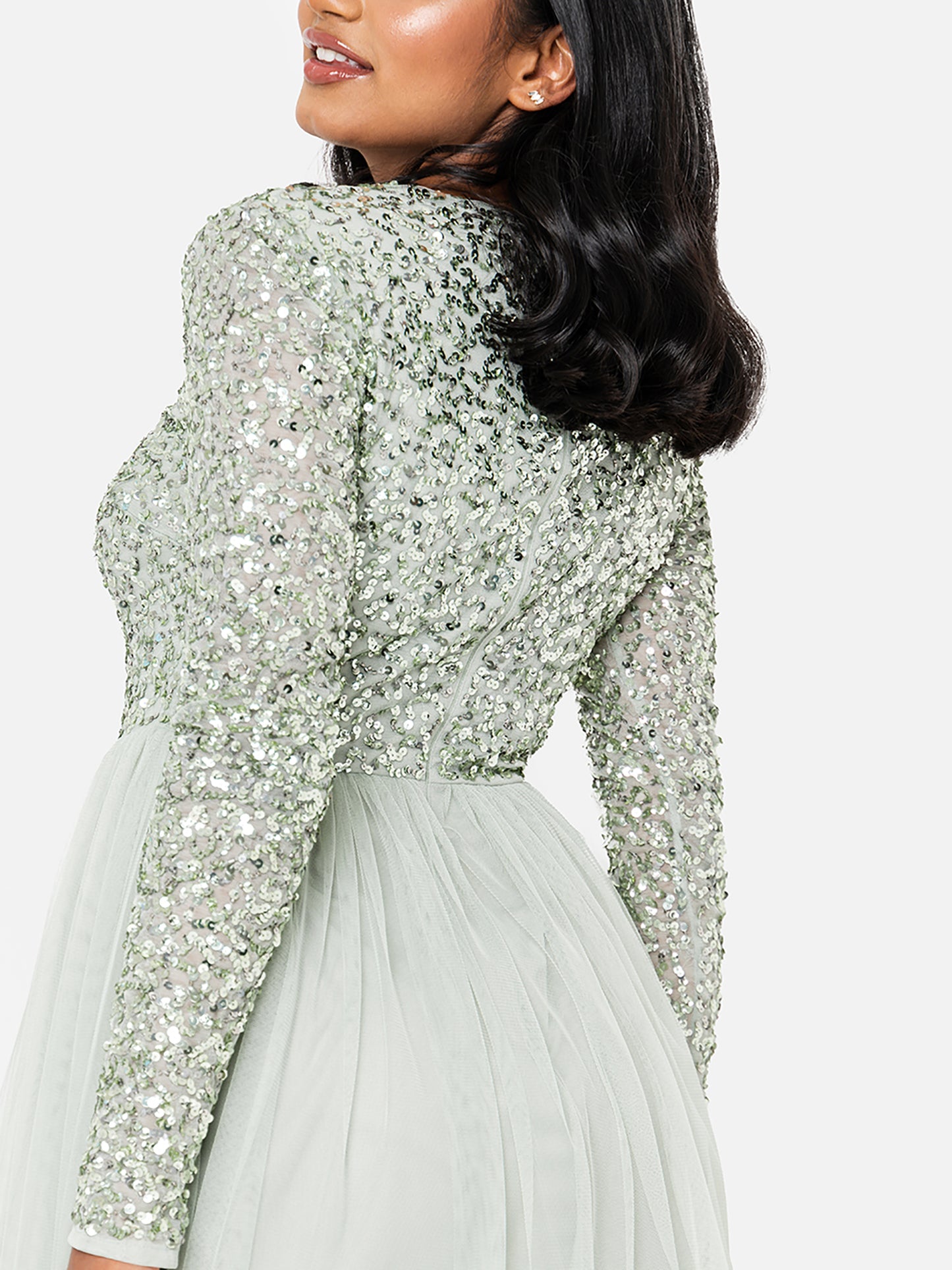 Maya Sage Green Embellished Long Sleeve Maxi Dress