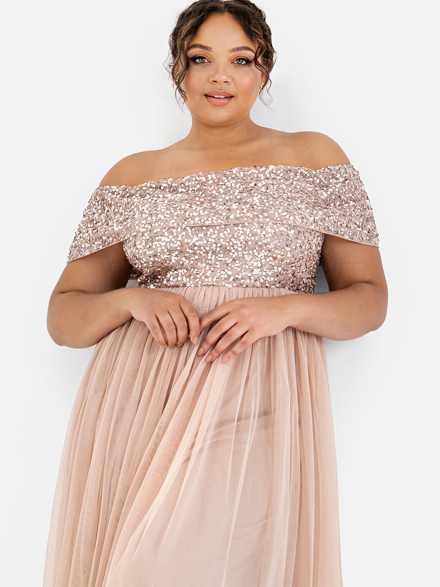 Maya Taupe Blush Bardot Embellished Maxi Dress