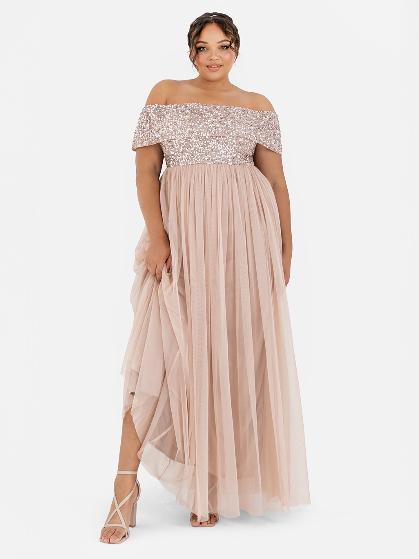 Maya Taupe Blush Bardot Embellished Maxi Dress