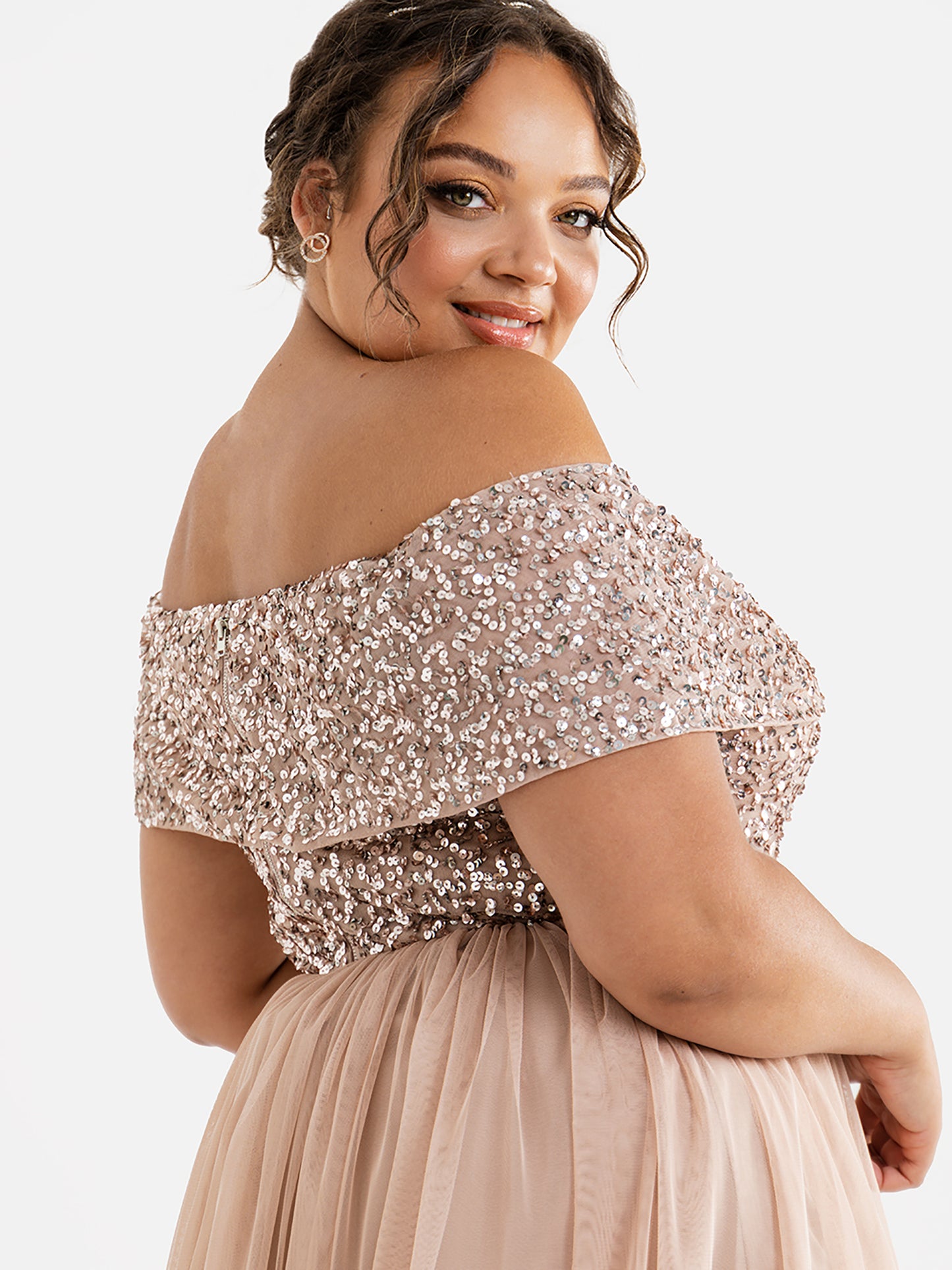 Maya Taupe Blush Bardot Embellished Maxi Dress