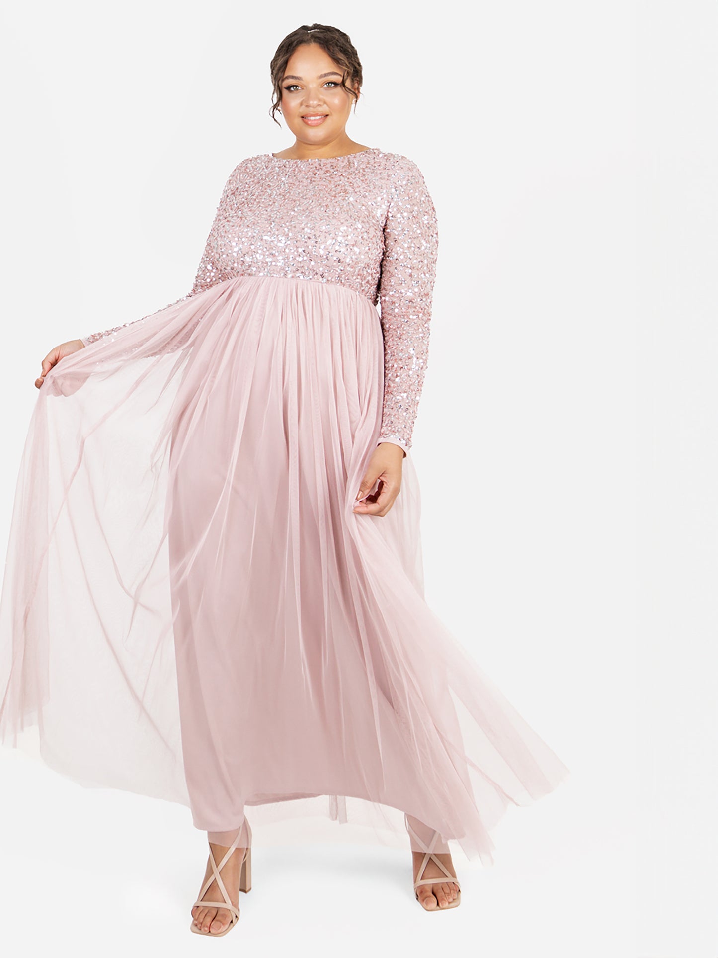 Maya Frosted Pink Embellished Long Sleeve Maxi Dress