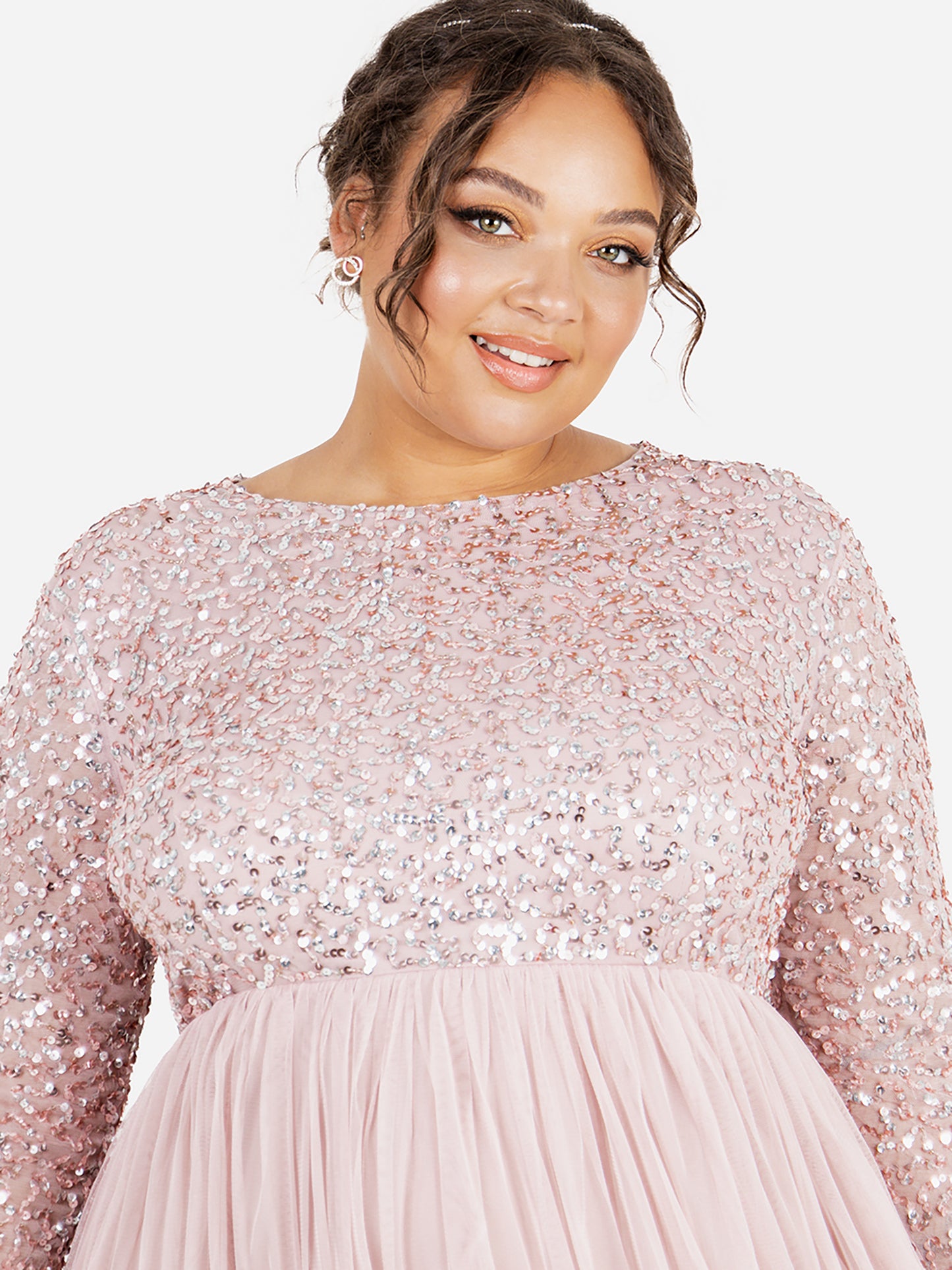 Maya Frosted Pink Embellished Long Sleeve Maxi Dress