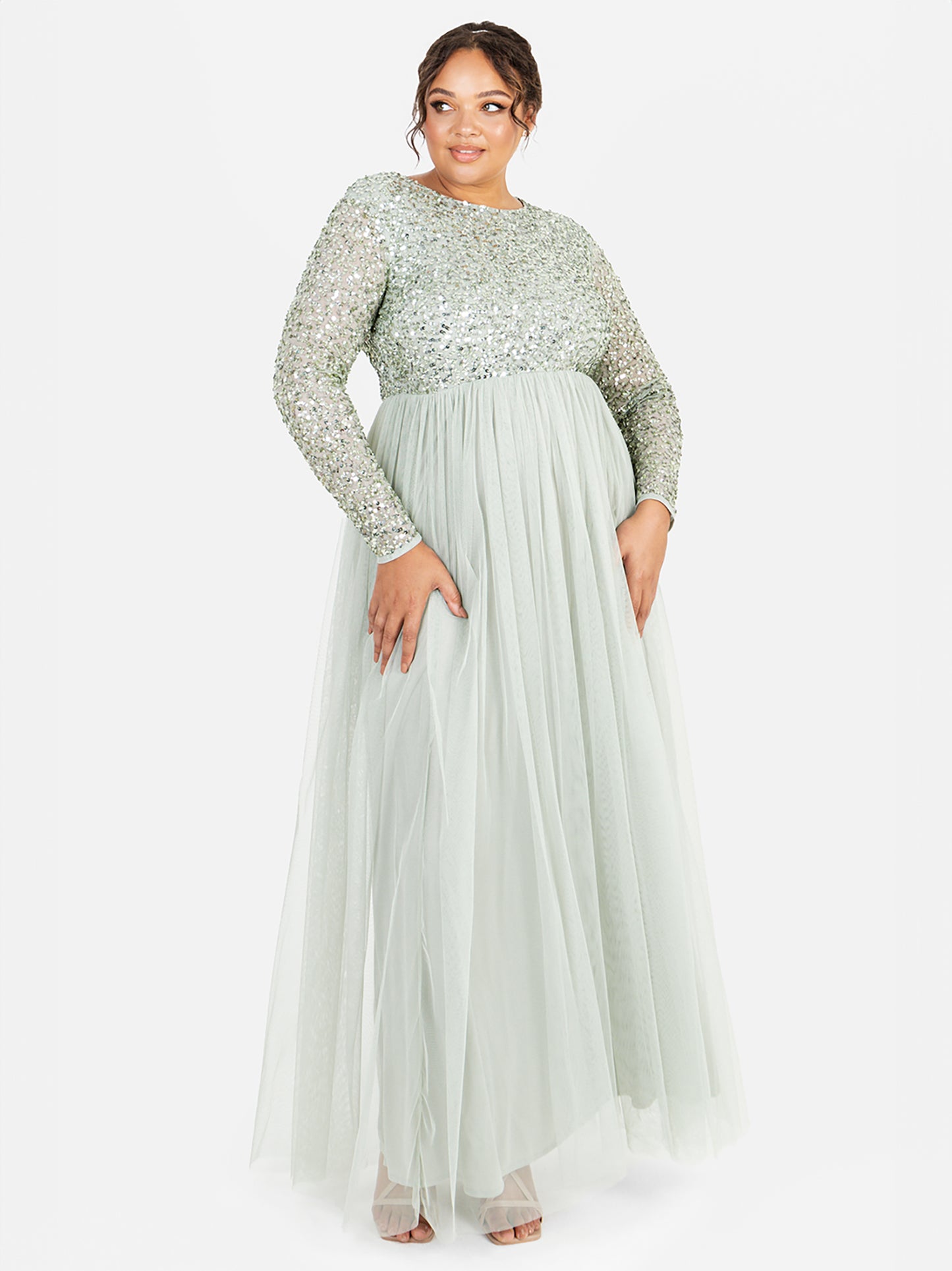 Maya Sage Green Embellished Long Sleeve Maxi Dress