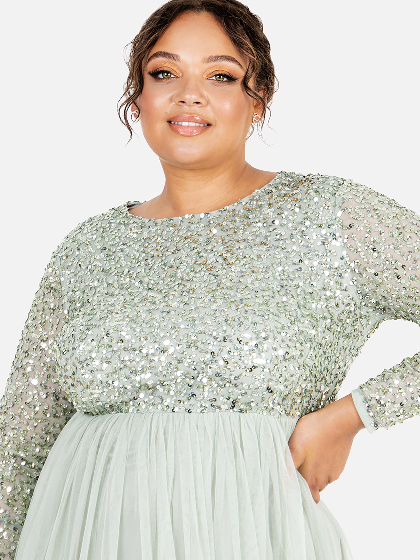 Maya Sage Green Embellished Long Sleeve Maxi Dress