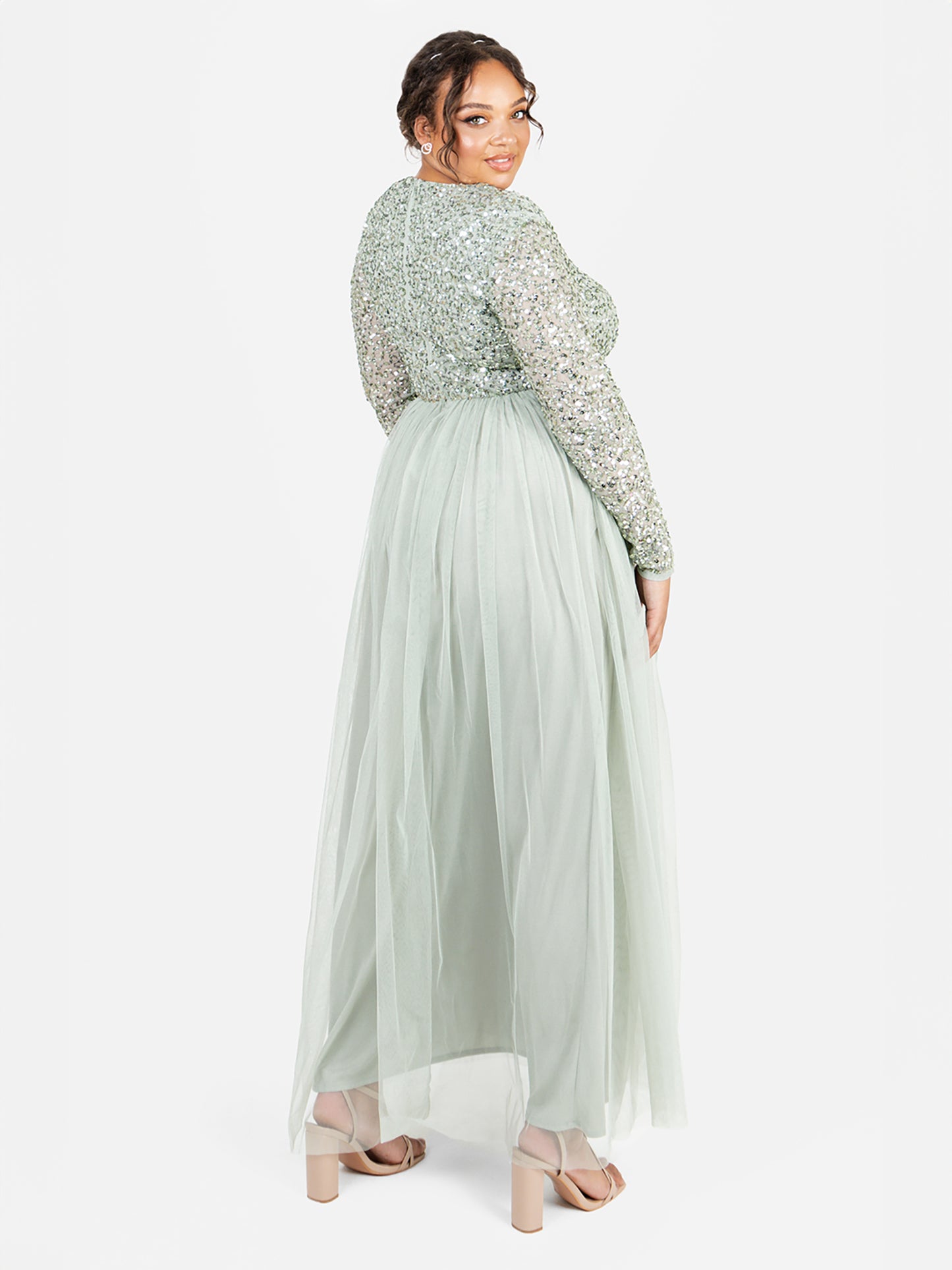 Maya Sage Green Embellished Long Sleeve Maxi Dress