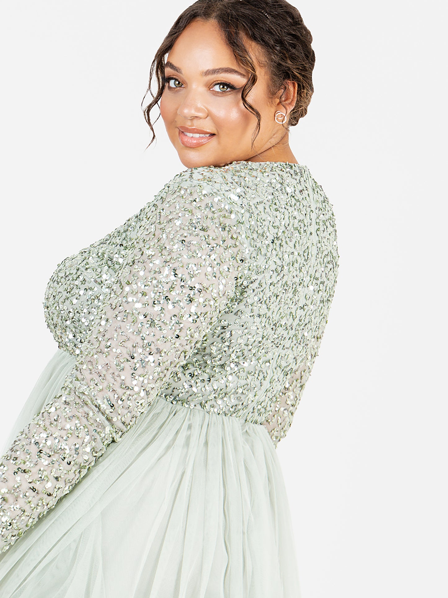 Maya Sage Green Embellished Long Sleeve Maxi Dress