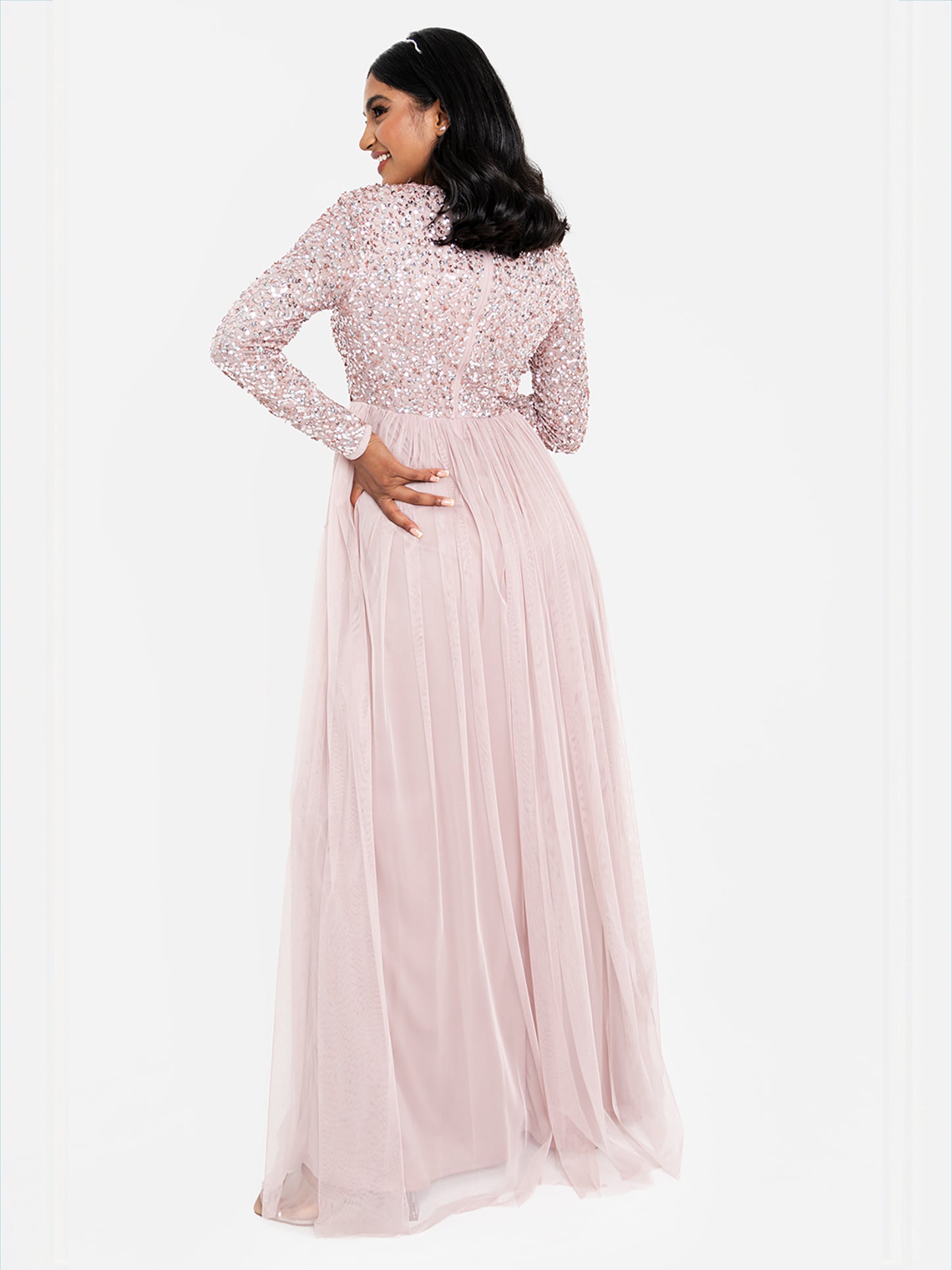 Maya Frosted Pink Embellished Long Sleeve Maxi Dress