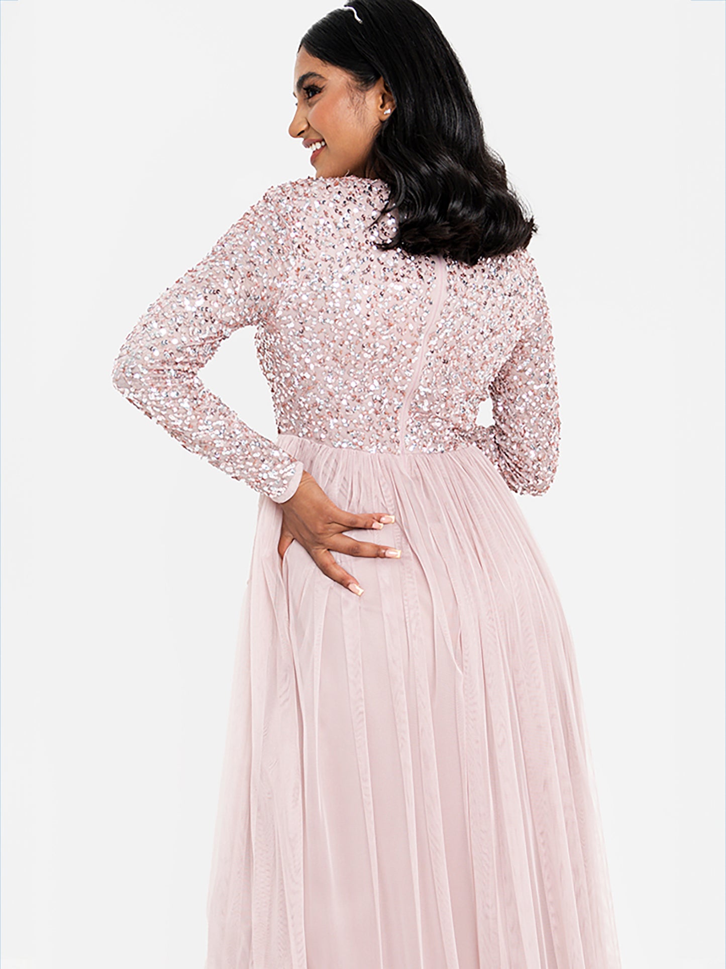 Maya Frosted Pink Embellished Long Sleeve Maxi Dress