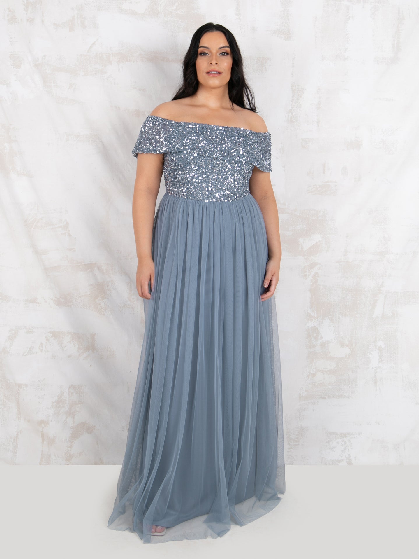 Maya Dusty Blue Bardot Embellished Maxi Dress