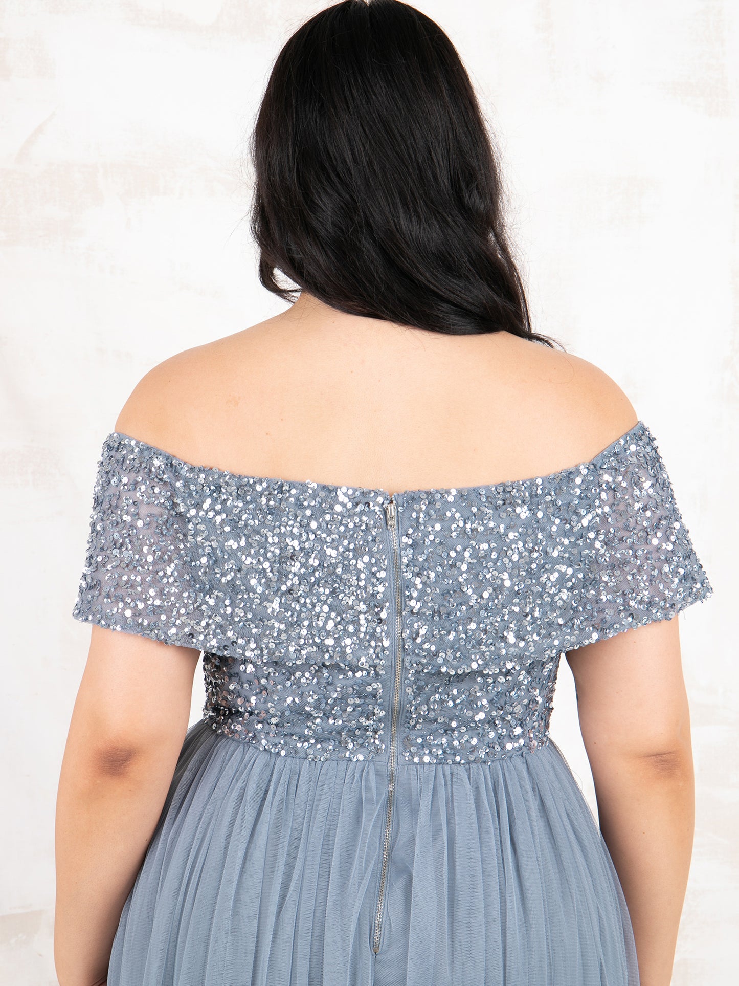 Maya Dusty Blue Bardot Embellished Maxi Dress