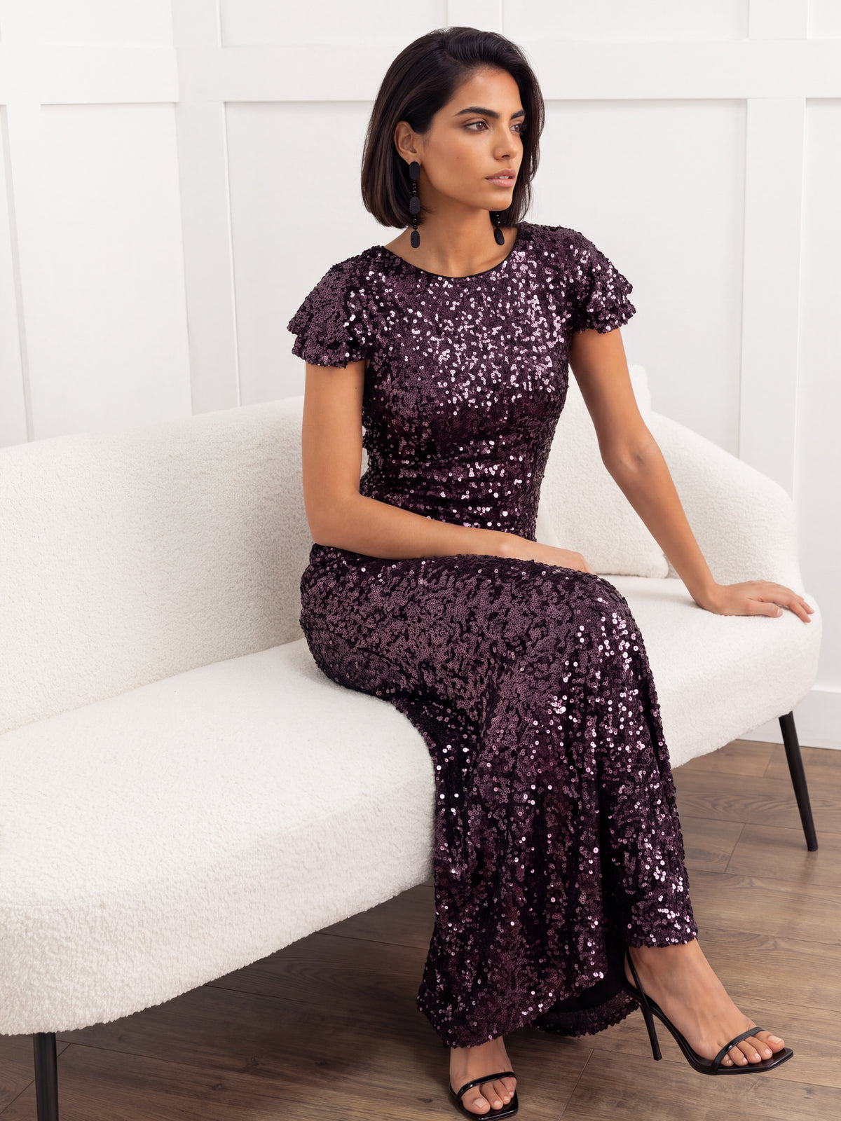 Maya Purple Sequin Flutter Sleeve V Back Maxi Dress