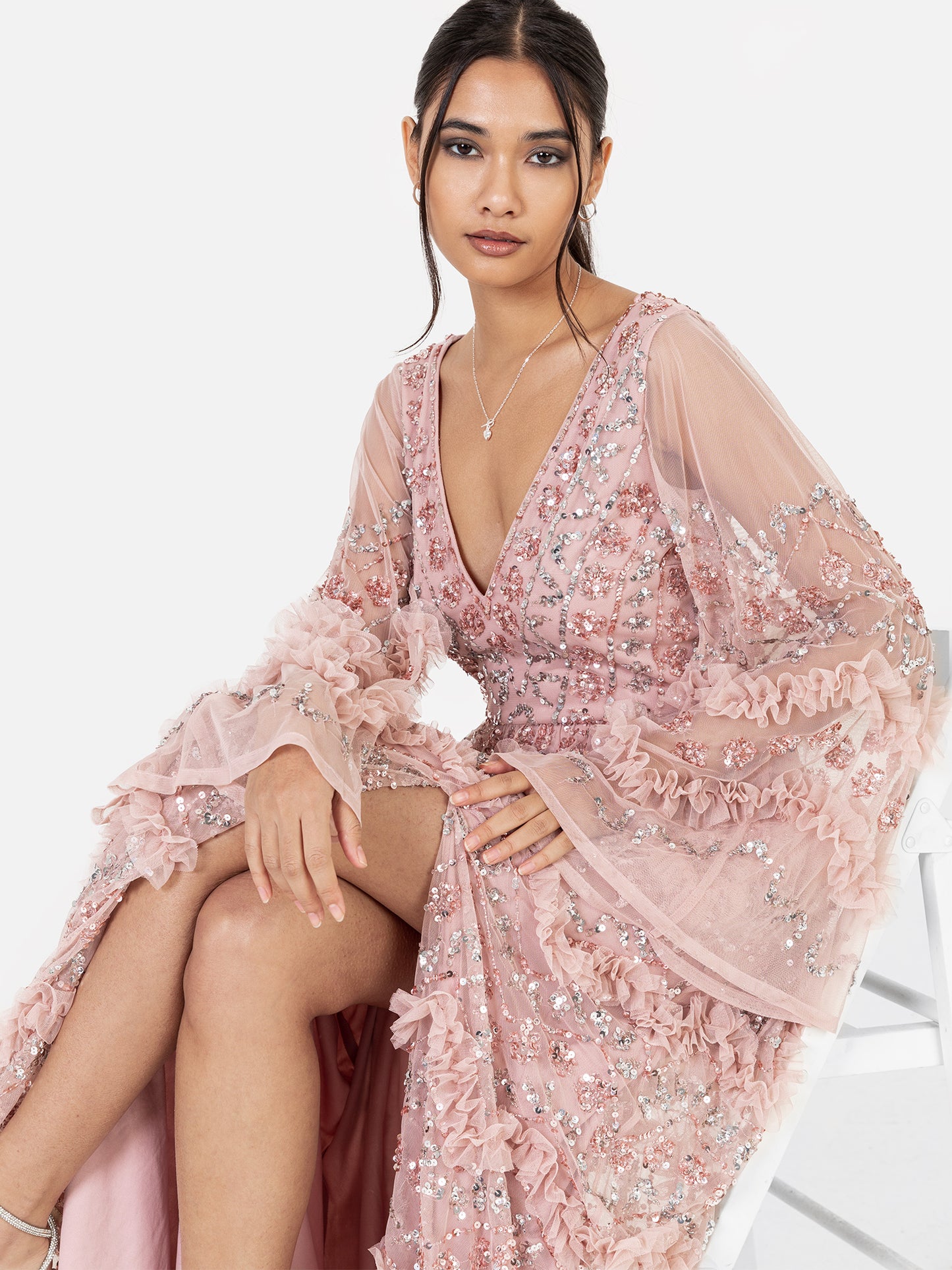 Maya Pink Fully Embellished Maxi Dress with Frill Detail