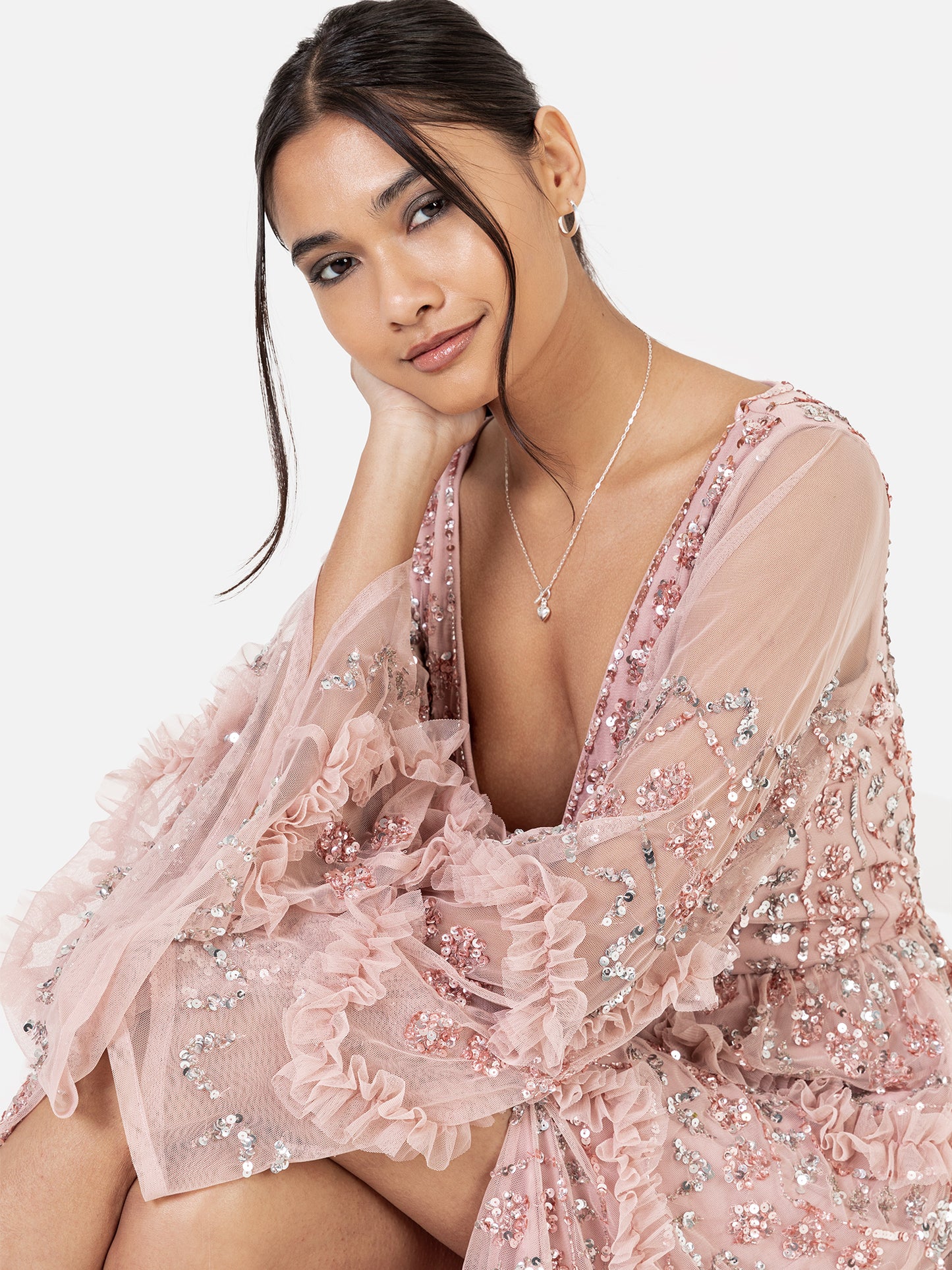 Maya Pink Fully Embellished Maxi Dress with Frill Detail