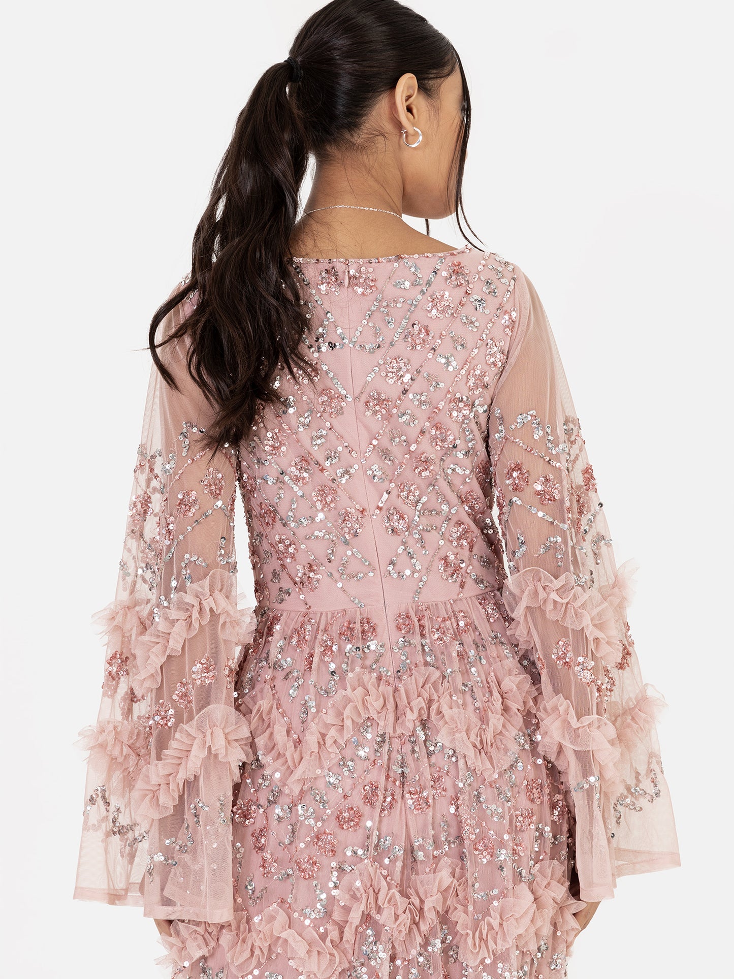 Maya Pink Fully Embellished Maxi Dress with Frill Detail