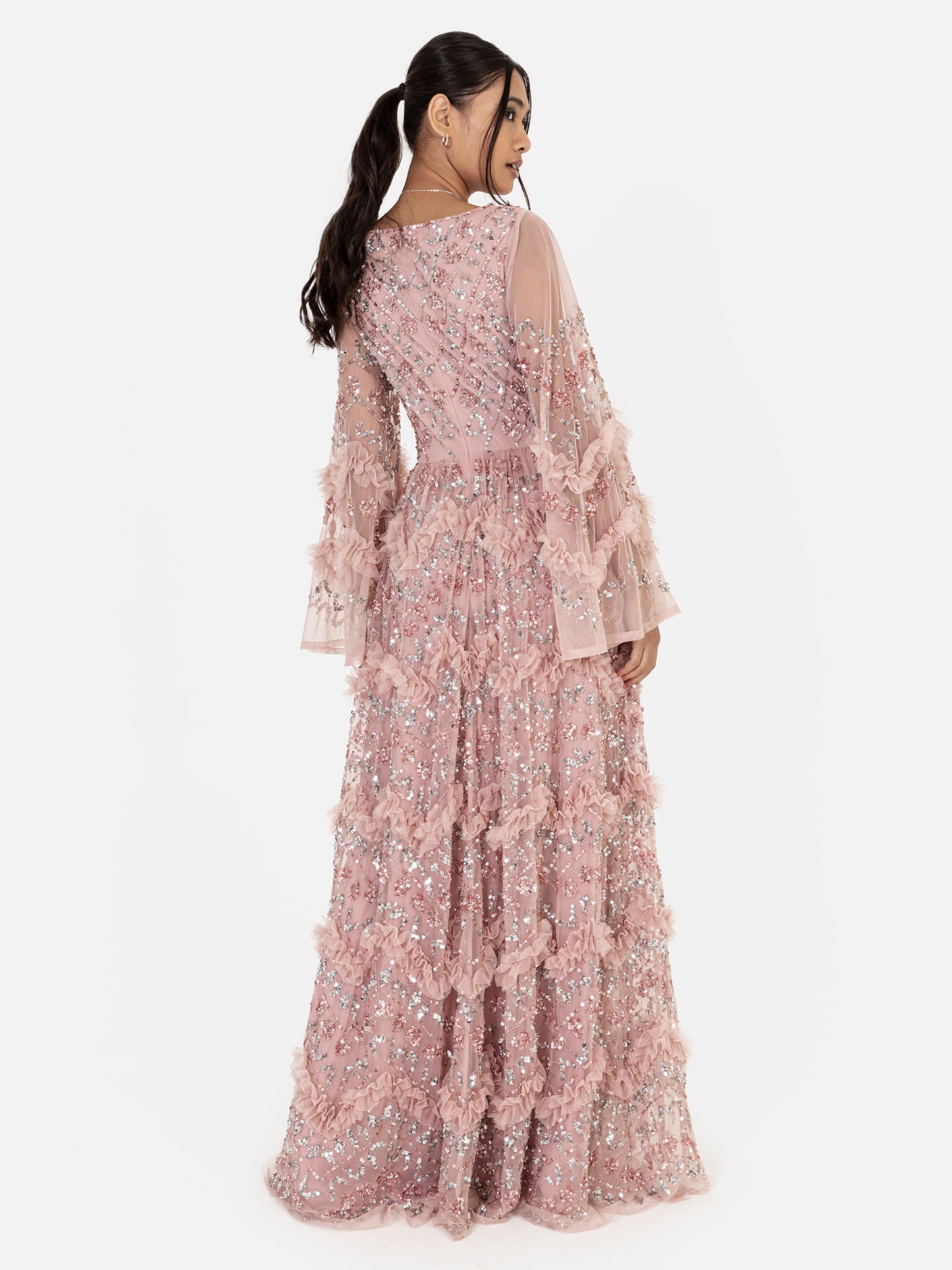 Maya Pink Fully Embellished Maxi Dress with Frill Detail