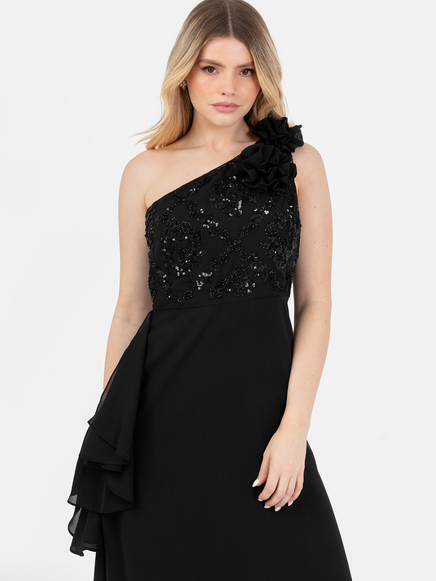 Maya Black Embellished One Shoulder Maxi Dress with Rosette Detail