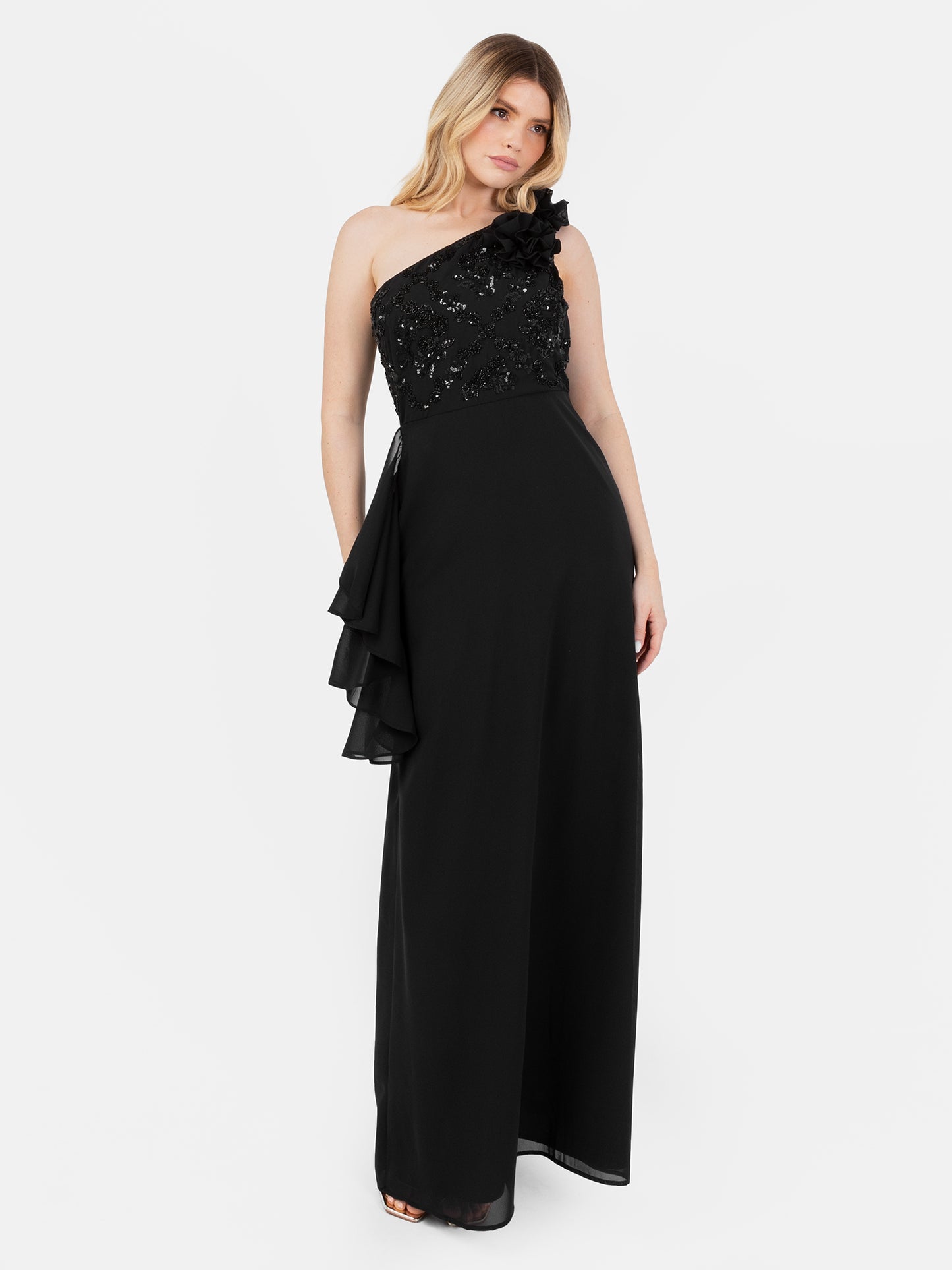 Maya Black Embellished One Shoulder Maxi Dress with Rosette Detail