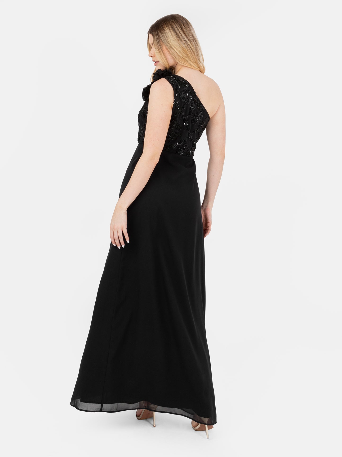 Maya Black Embellished One Shoulder Maxi Dress with Rosette Detail