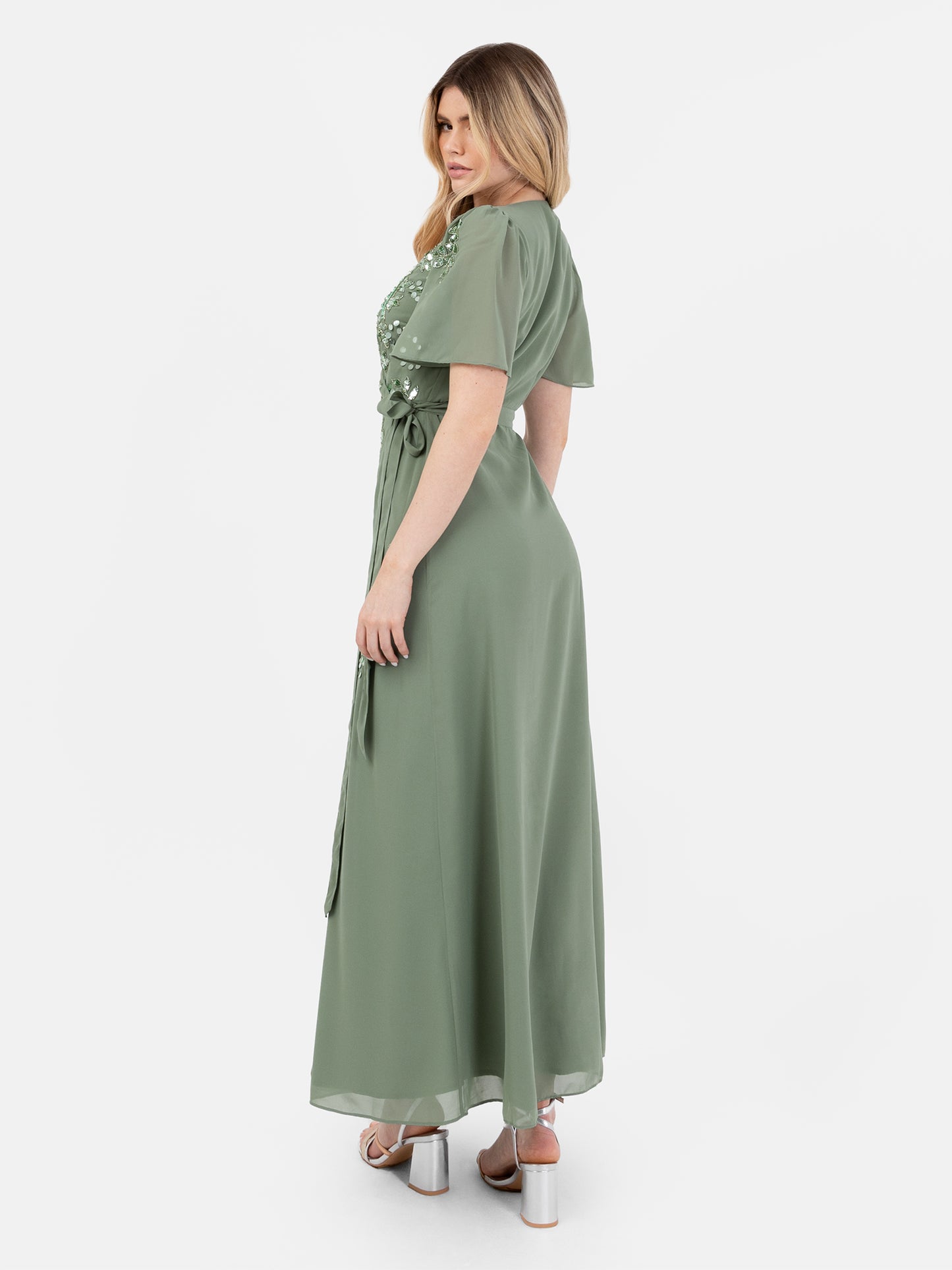 Maya Dark Sage Embellished Short Sleeve Chiffon Wrap Maxi Dress