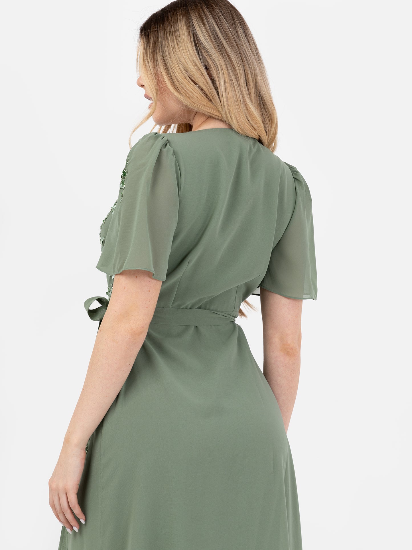 Maya Dark Sage Embellished Short Sleeve Chiffon Wrap Maxi Dress
