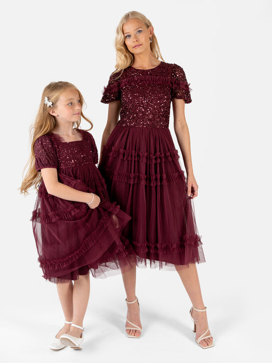 Maya Red Embellished Short Sleeve Midi Dress