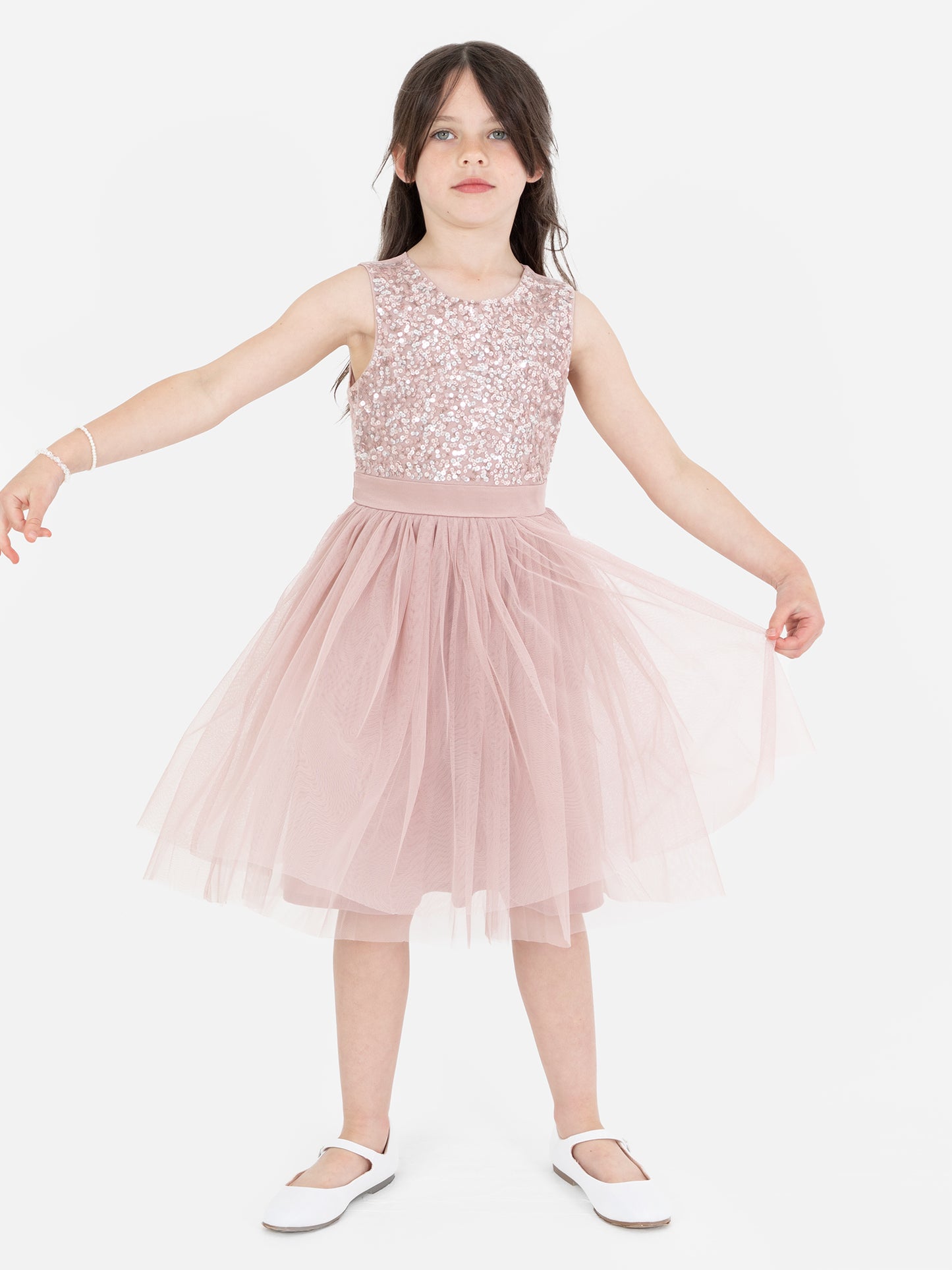 Mini Maya Frosted Pink Delicate Sequin Midi Dress with Bow