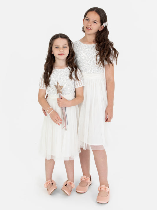 Mini Maya Ivory Stripe Embellished Midi Dress With Bow