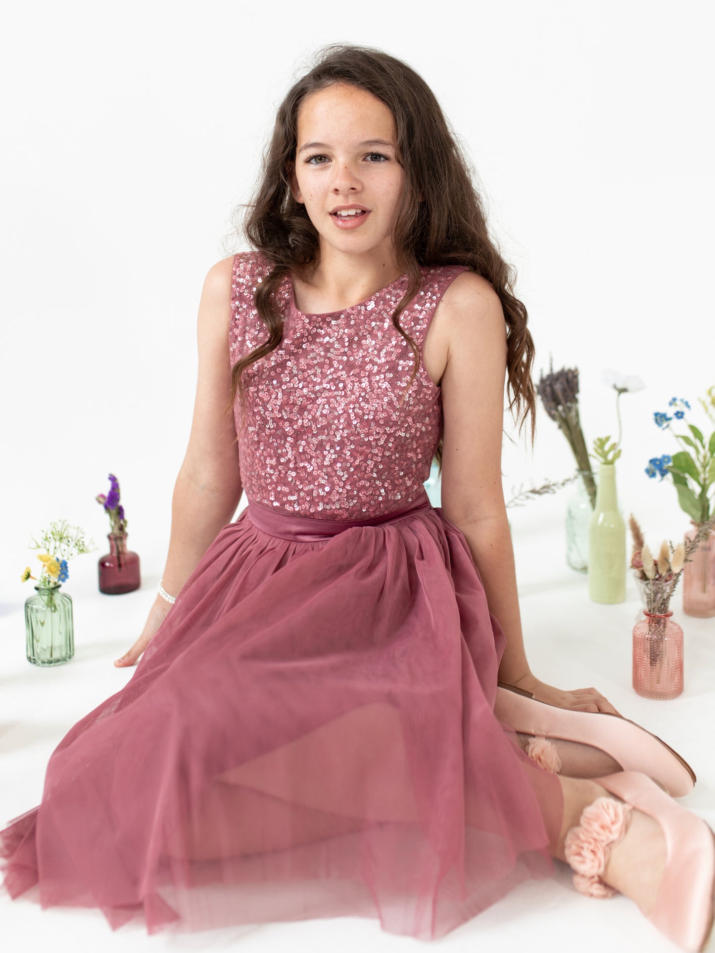 Mini Maya Desert Rose Delicate Sequin Midi Dress With Bow