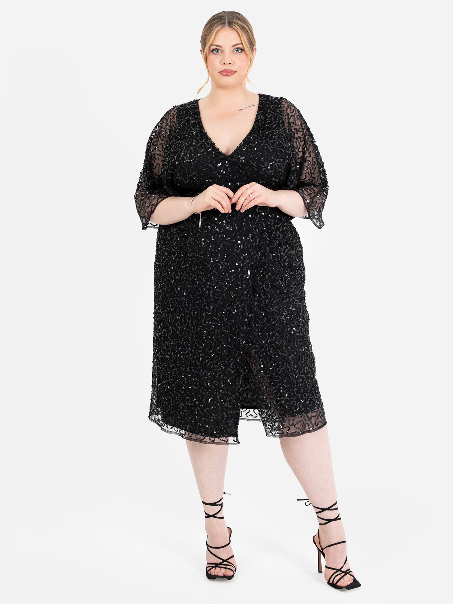 Maya Black Fully Embellished Faux Wrap Midi Dress