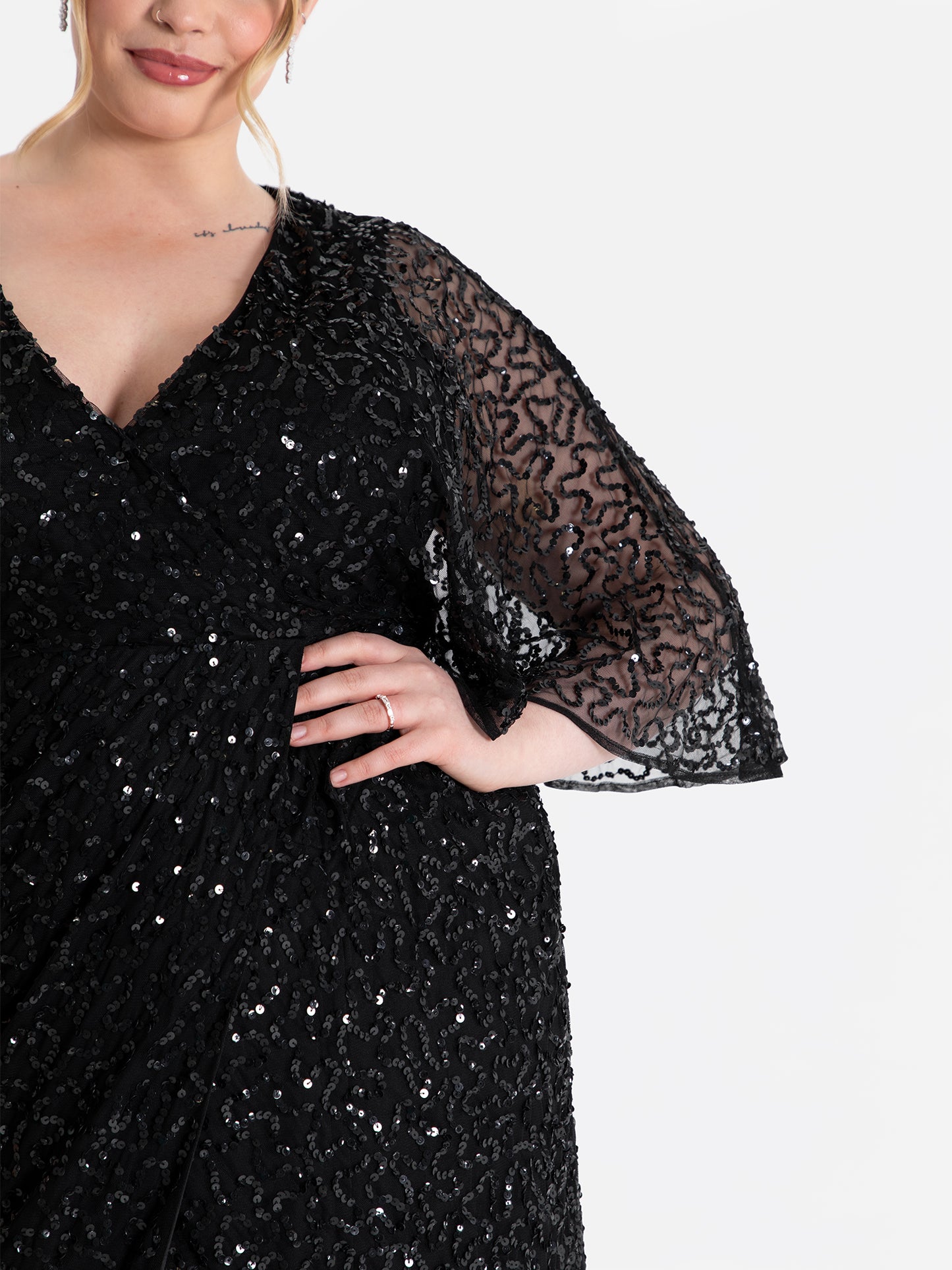 Maya Black Fully Embellished Faux Wrap Midi Dress