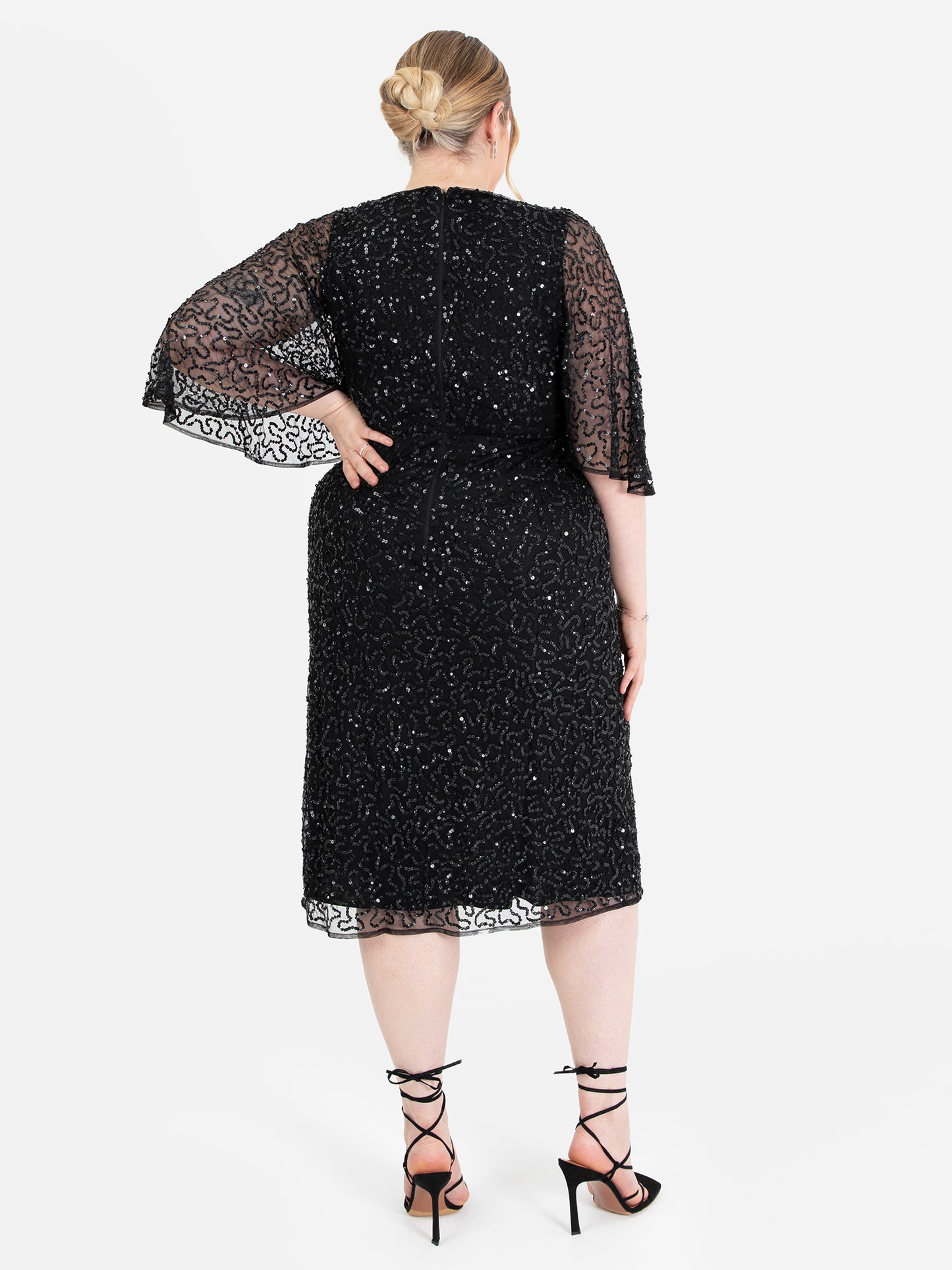 Maya Black Fully Embellished Faux Wrap Midi Dress