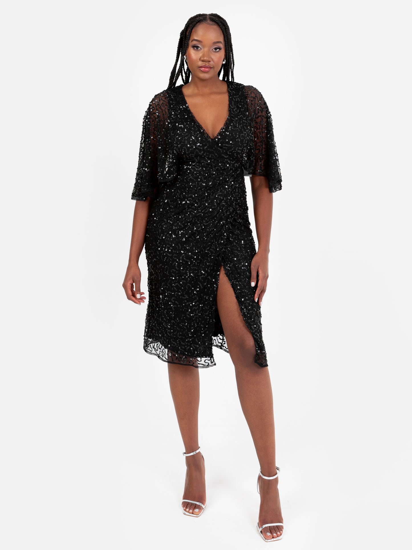 Maya Black Fully Embellished Faux Wrap Midi Dress