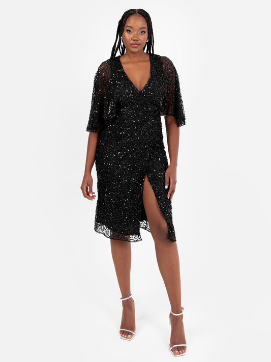 Maya Black Fully Embellished Faux Wrap Midi Dress
